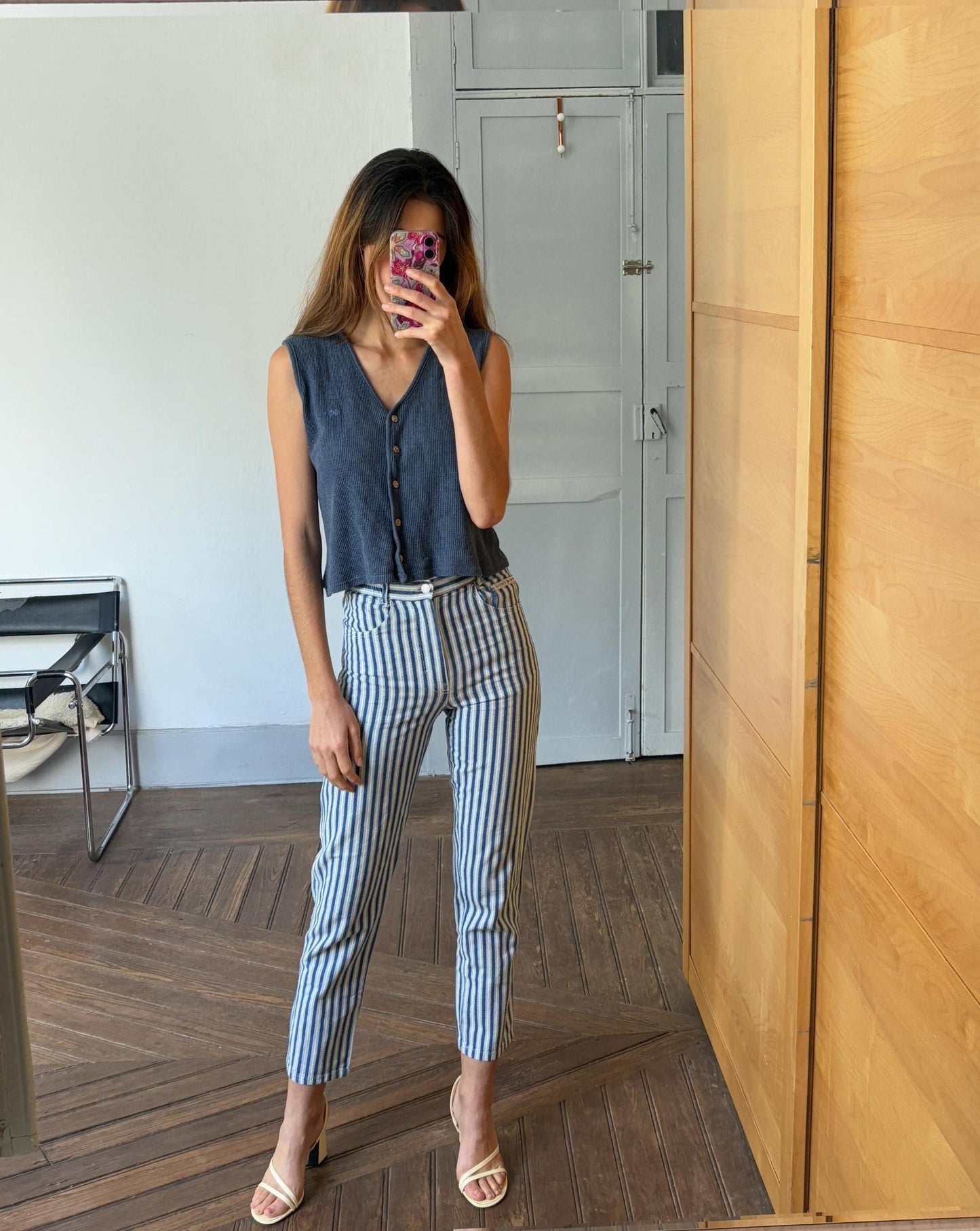 Vintage blue and white Captain Tortue pants, Dead stock fun trousers, High waist cropped chino pants, XS