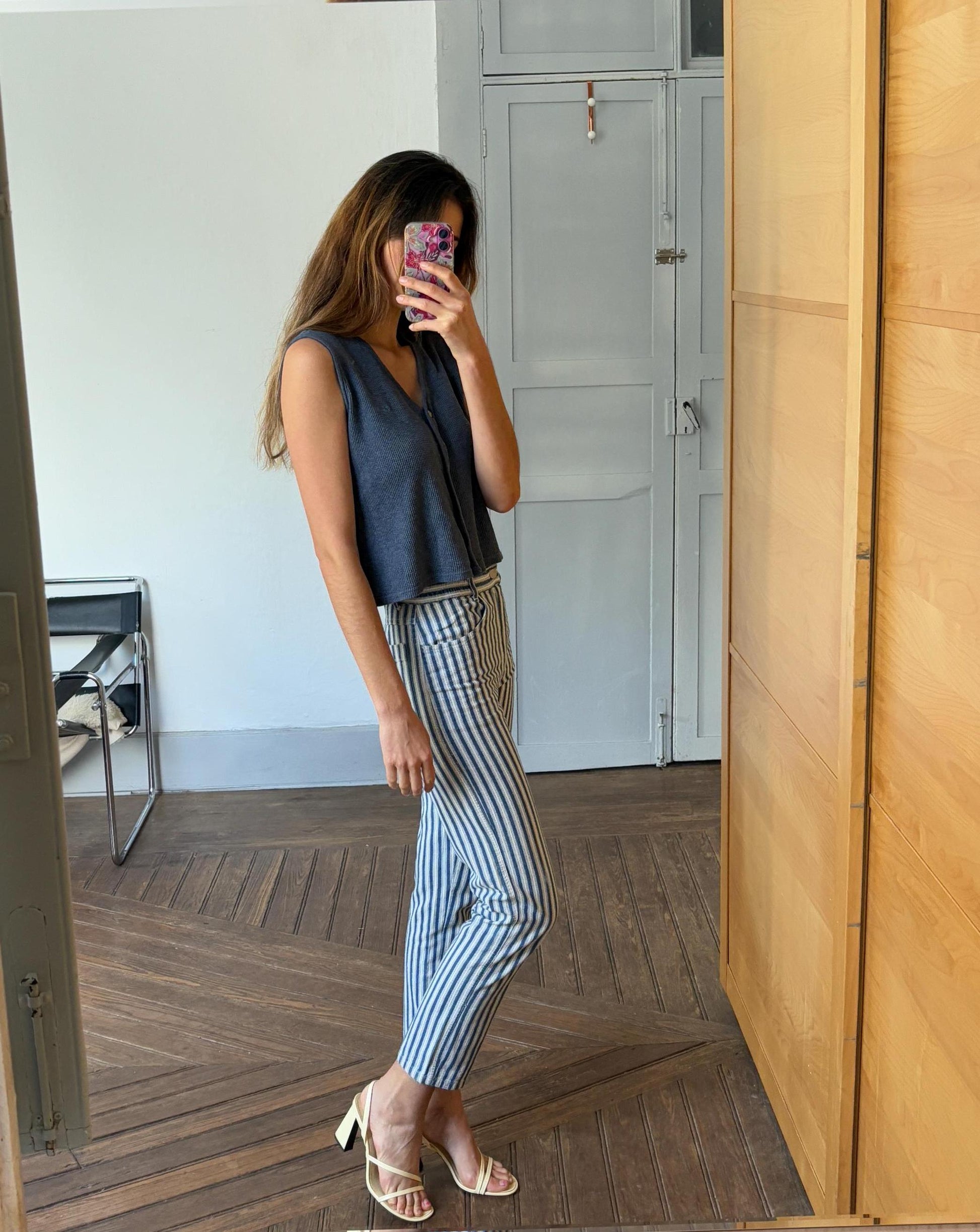 Vintage blue and white Captain Tortue pants, Dead stock fun trousers, High waist cropped chino pants, XS