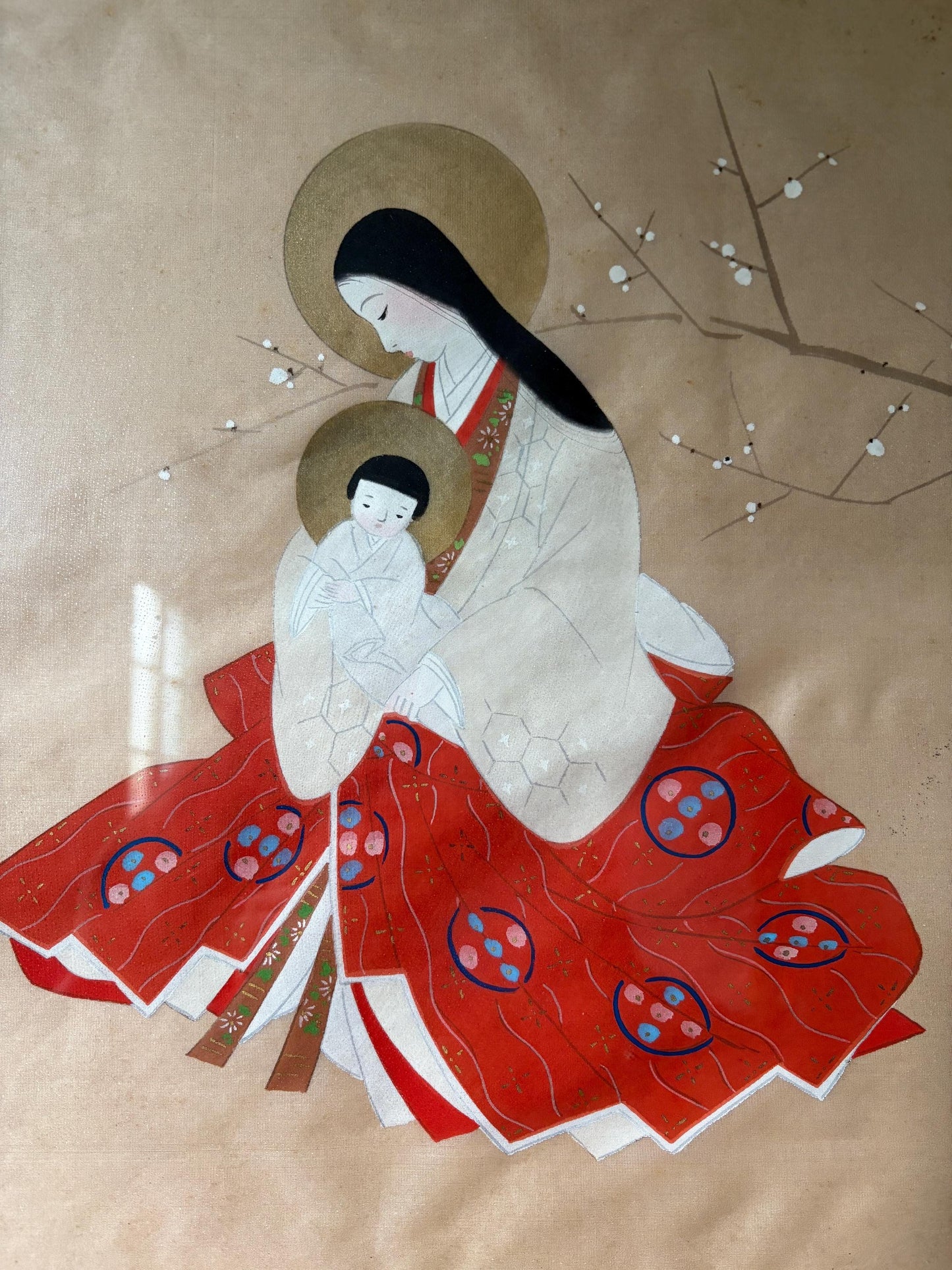 Vintage Japanese Madonna & Child art work with Plum Blossoms – Framed or Unframed Option