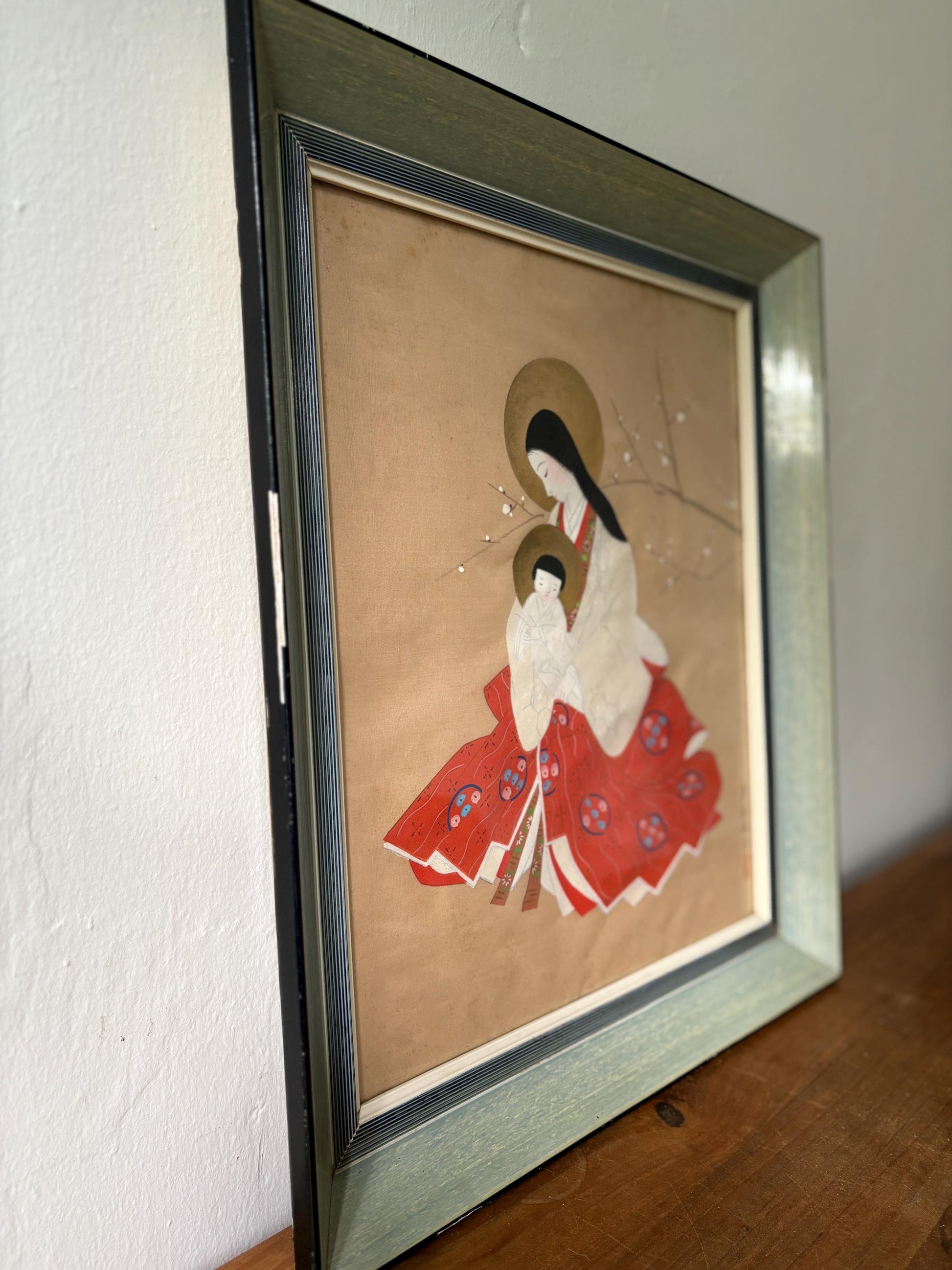 Vintage Japanese Madonna & Child art work with Plum Blossoms – Framed or Unframed Option