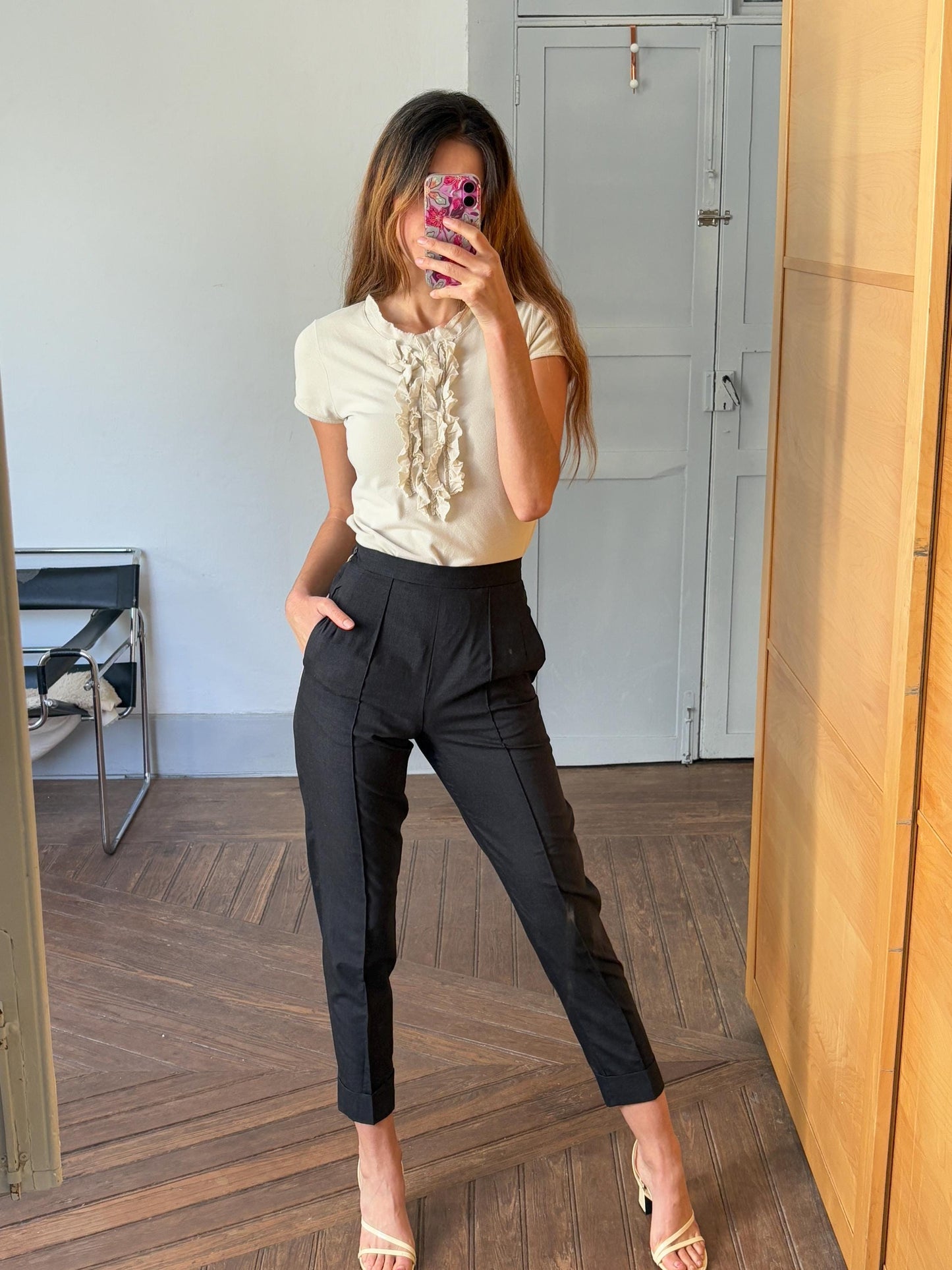 Vintage cotton ruffle top, Luxury formal t-shirt, Eggshell off white elegant top