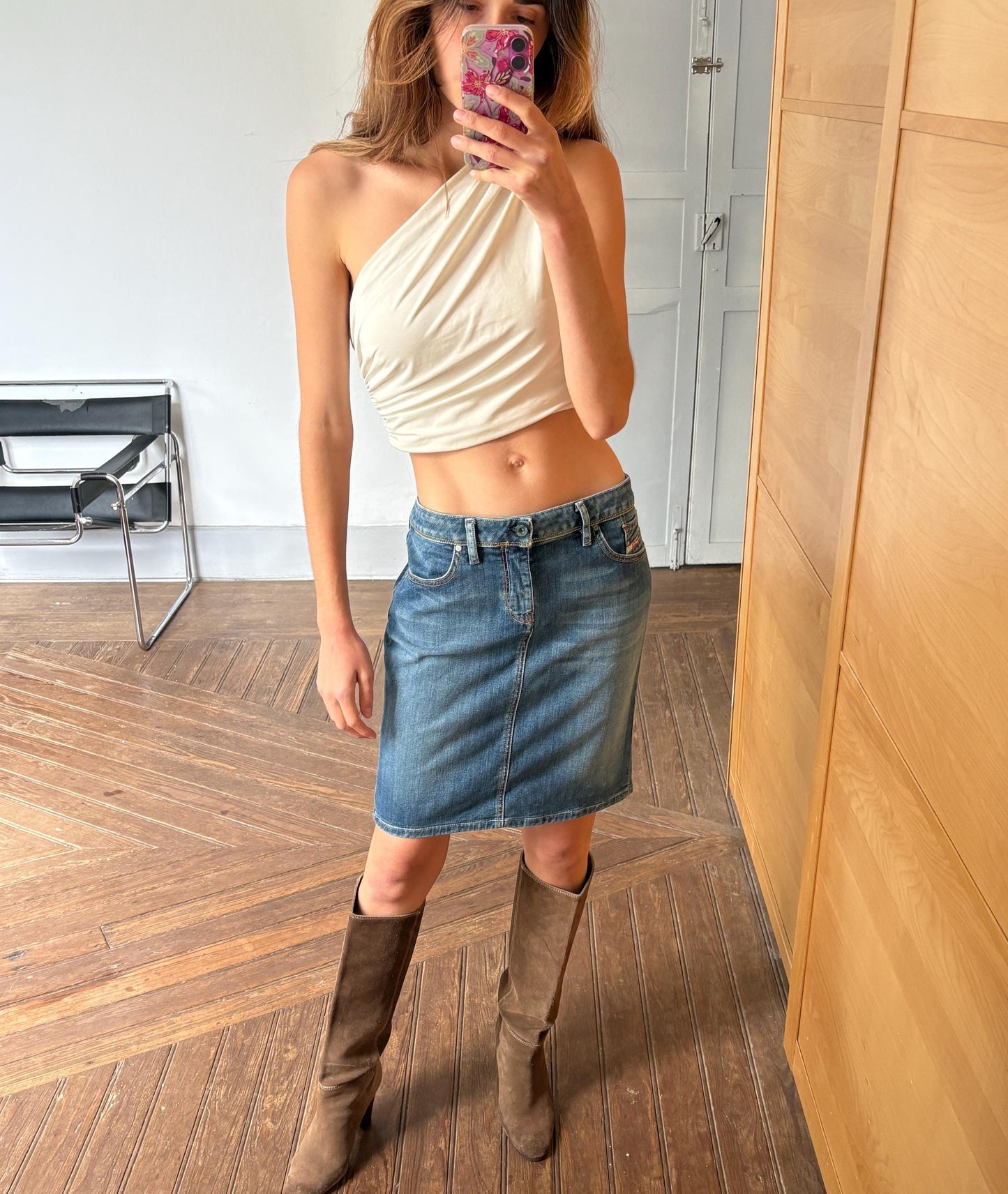 Vintage Diesel Denim Skirt – Y2K 90s Aesthetic, Stretch Denim, Mid-Length, Size EU 42 / UK 14 / US 10