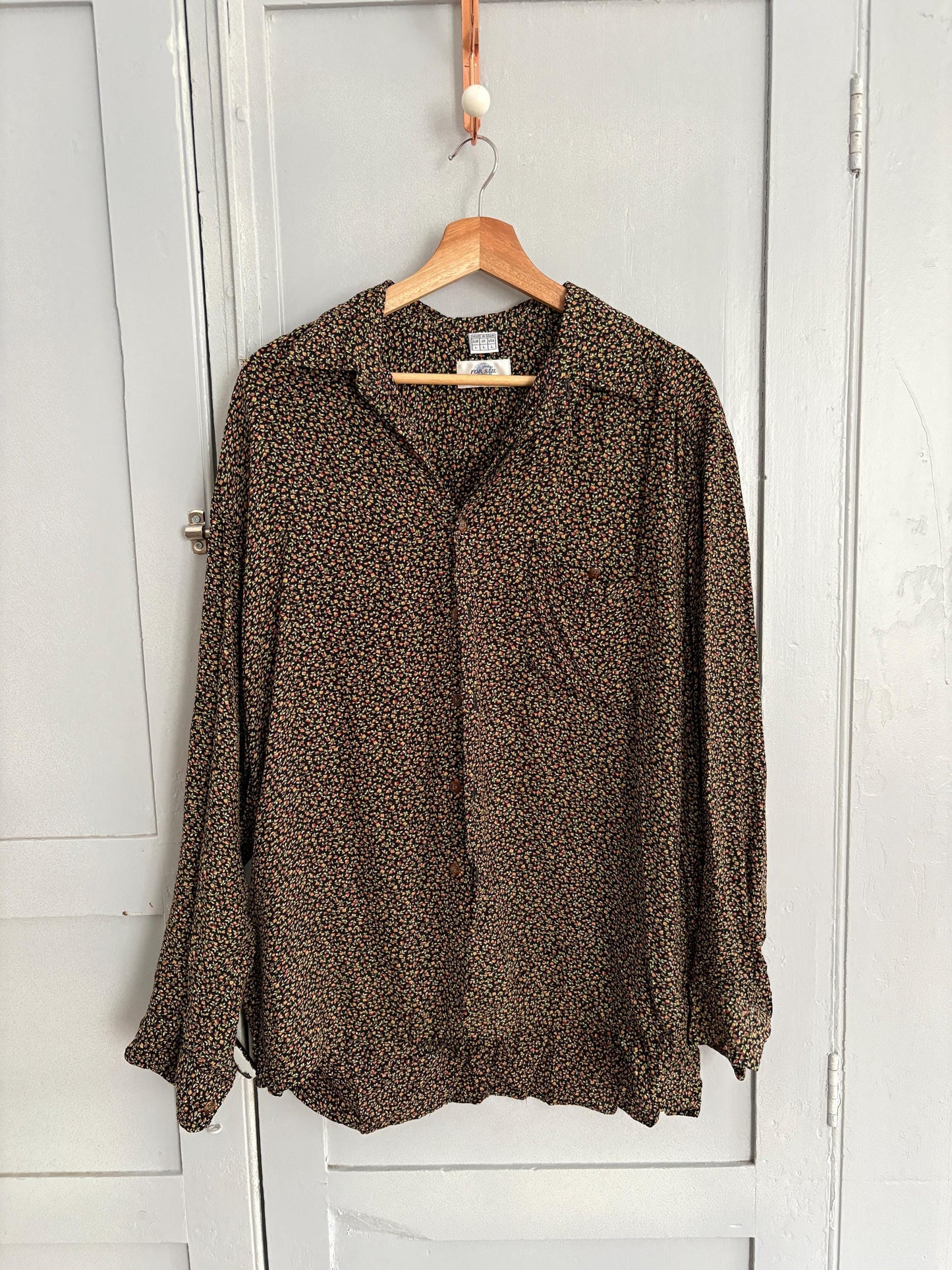 Vintage Floral Button-Up Blouse – 90s Cottagecore, Parisian Chic, Oversized Fit, Size L-XL