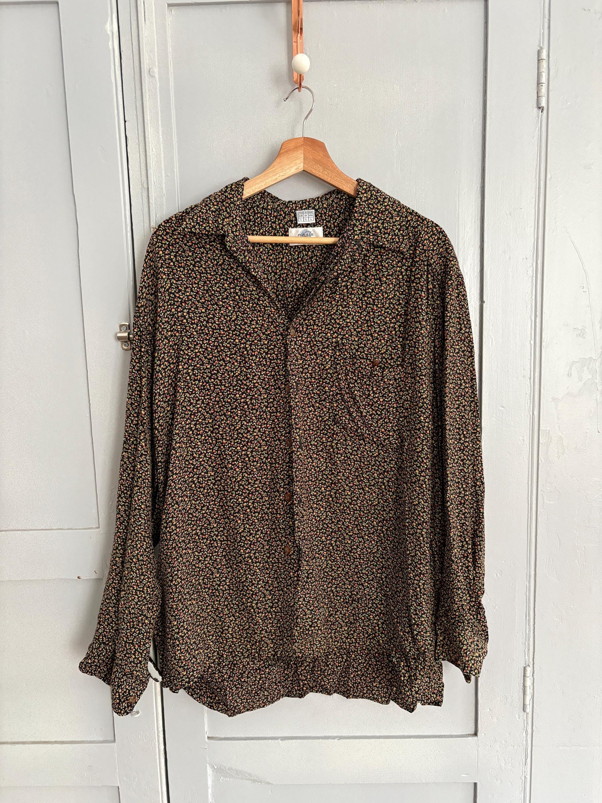 Vintage Floral Button-Up Blouse – 90s Cottagecore, Parisian Chic, Oversized Fit, Size L-XL