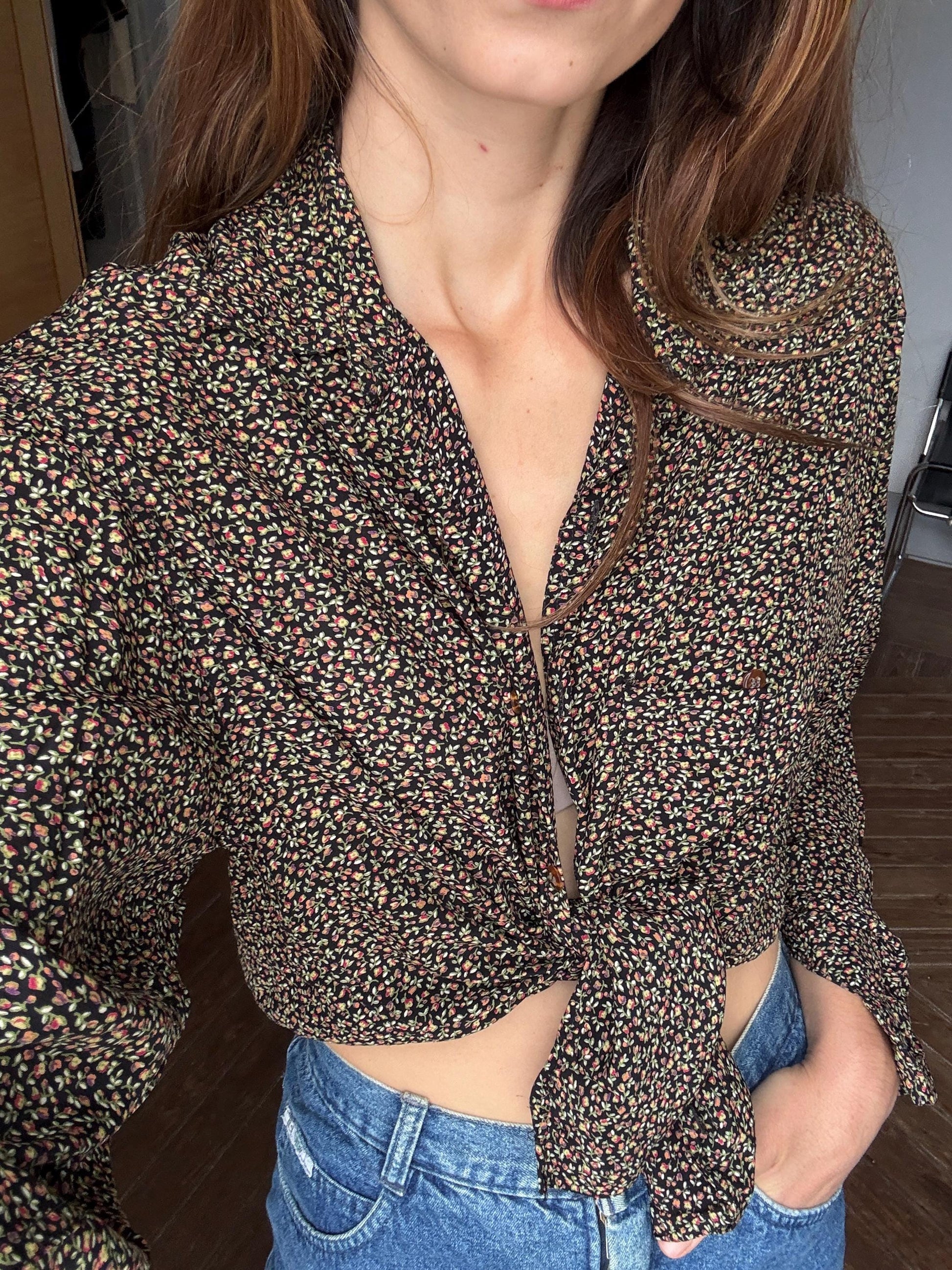 Vintage Floral Button-Up Blouse – 90s Cottagecore, Parisian Chic, Oversized Fit, Size L-XL