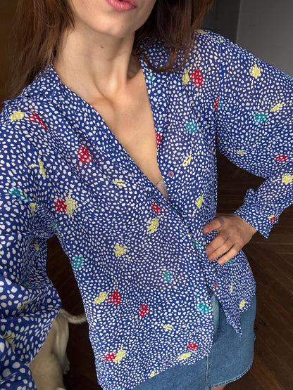 Blue Floral Sheer Blouse Vintage Serge Nancel Paris