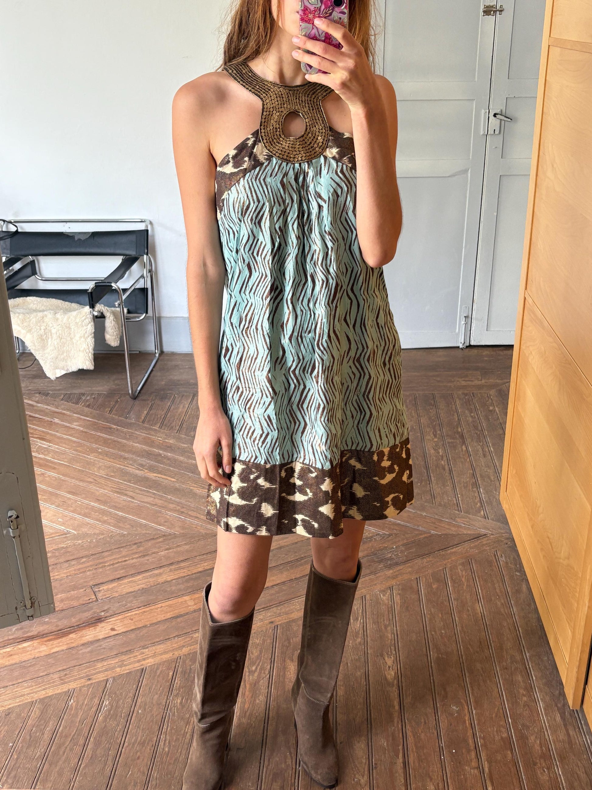 Colourful vintage summer dress, Playful pattern X Maison Derhy short vacation dress, French designer woman clothing, M