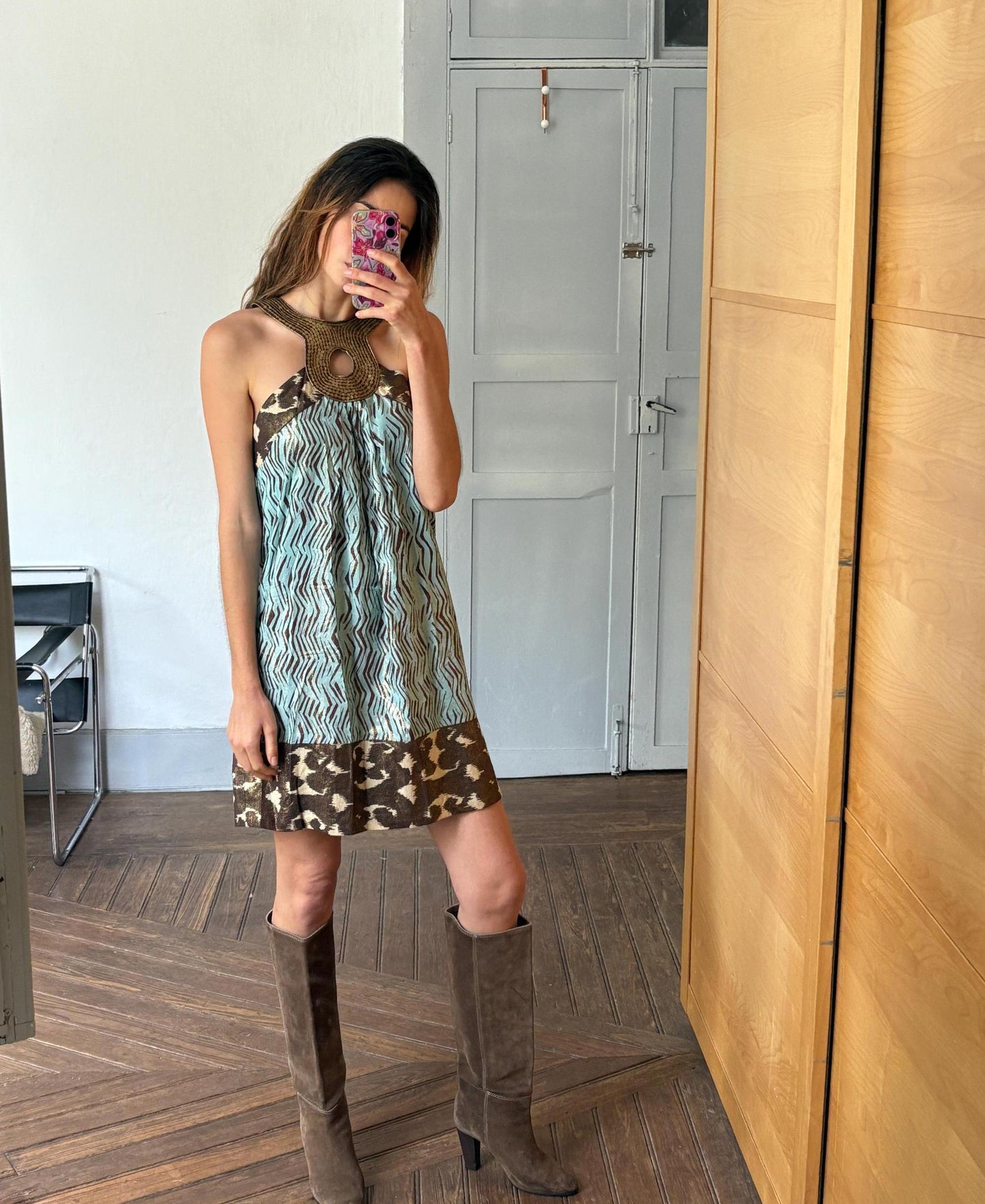 Colourful vintage summer dress, Playful pattern X Maison Derhy short vacation dress, French designer woman clothing, M