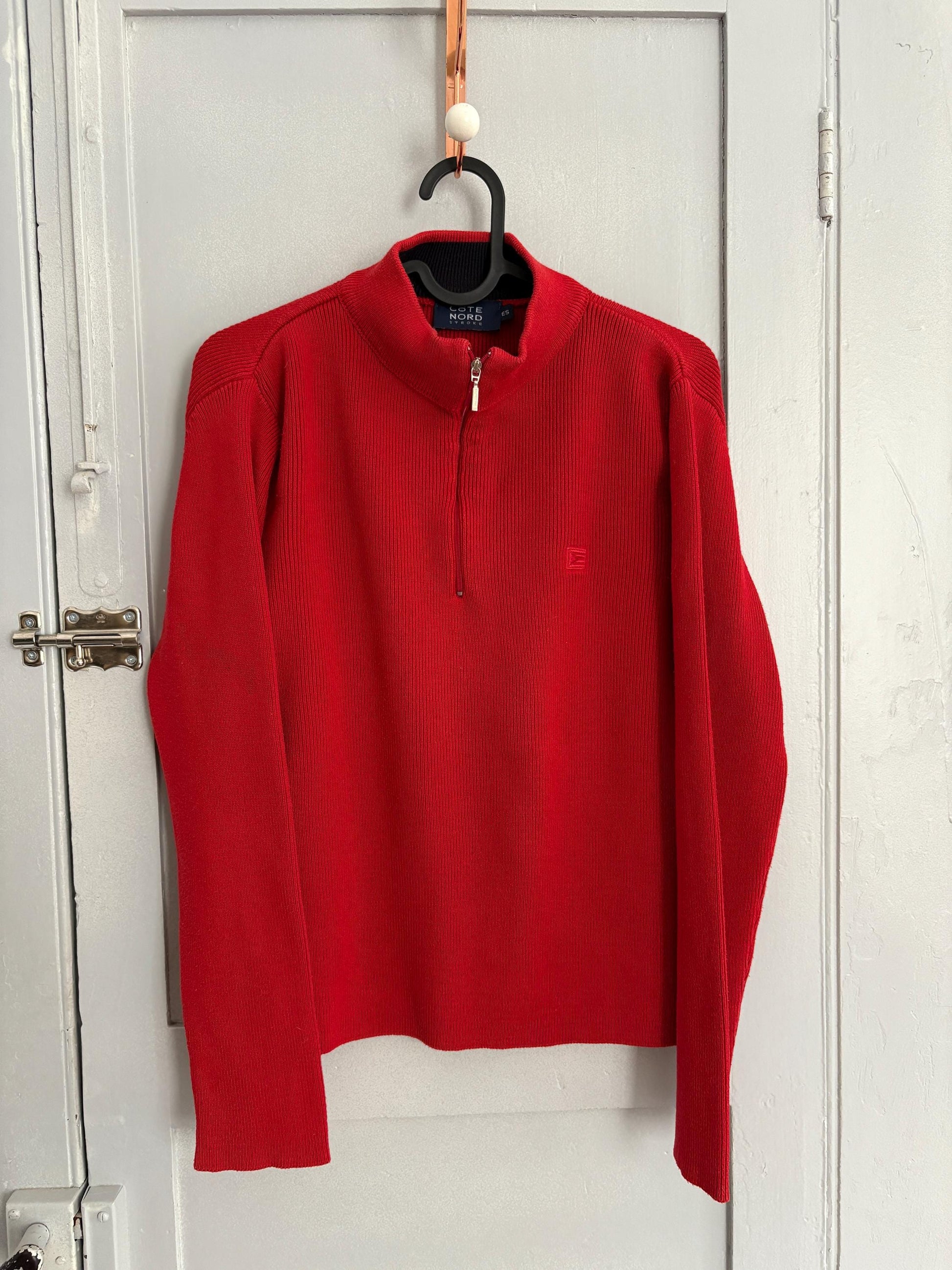 Vintage Bright red jumper by Cote Nord, Vibrant Maritime pullover, Long sleeve turtle neck shirt, Cotton cardigan, Size S