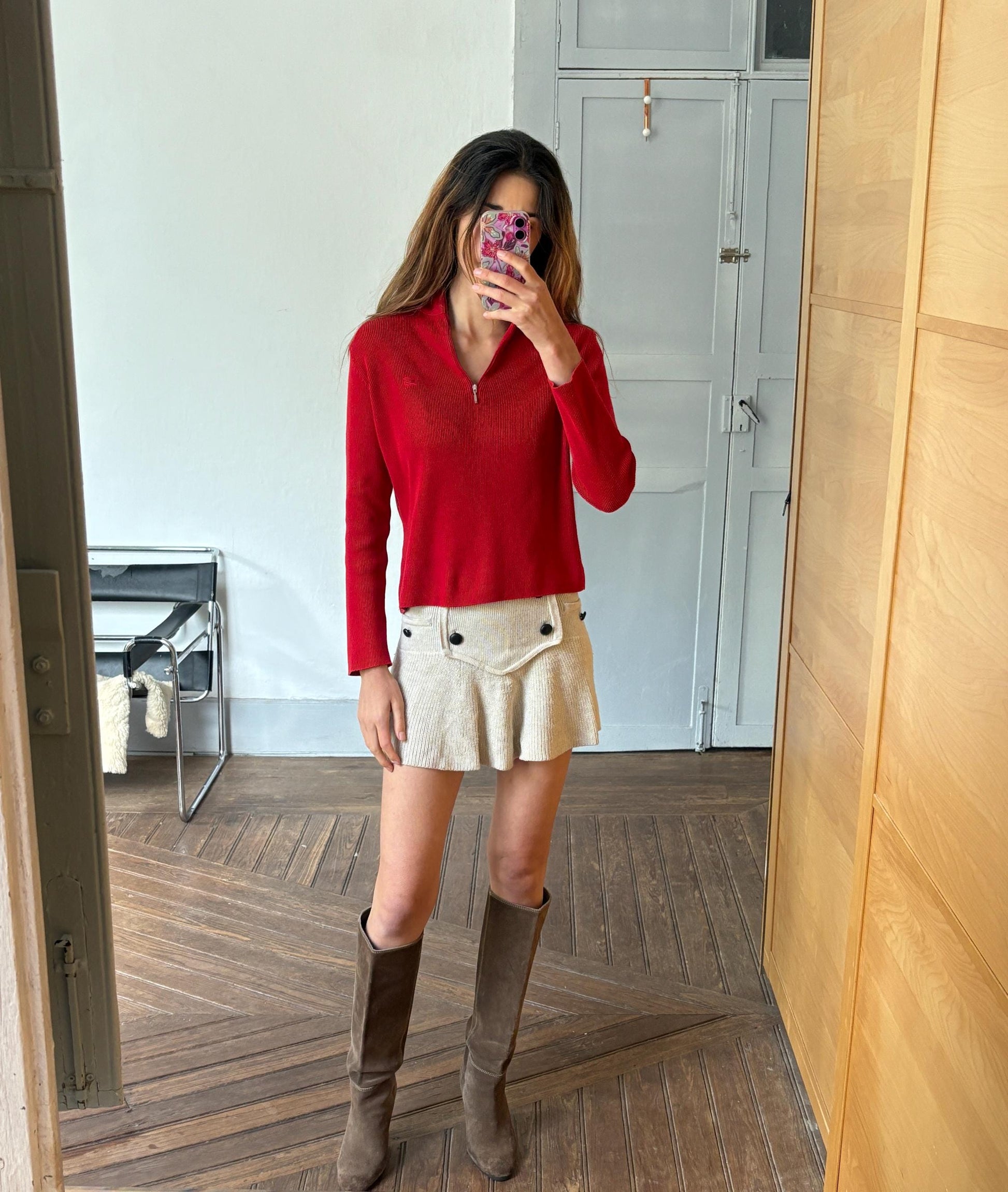 Vintage Bright red jumper by Cote Nord, Vibrant Maritime pullover, Long sleeve turtle neck shirt, Cotton cardigan, Size S