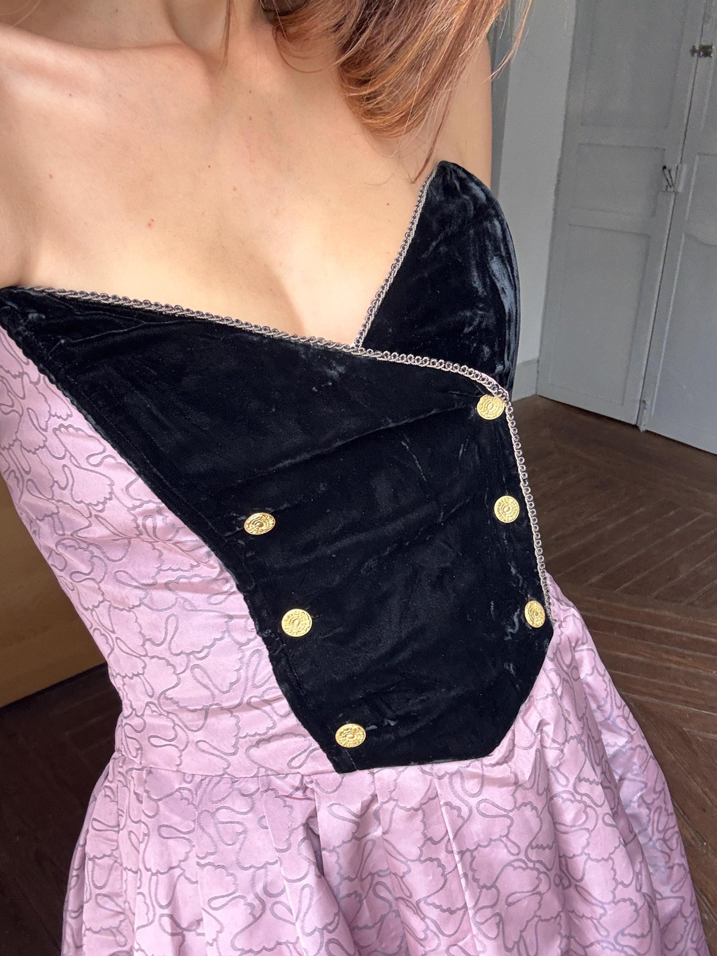 Vintage Spanish designer unique Paco Guzman Strapless Velvet & Satin Dress – Gothic Rococo Inspired outfit, Purple and black velvet costume
