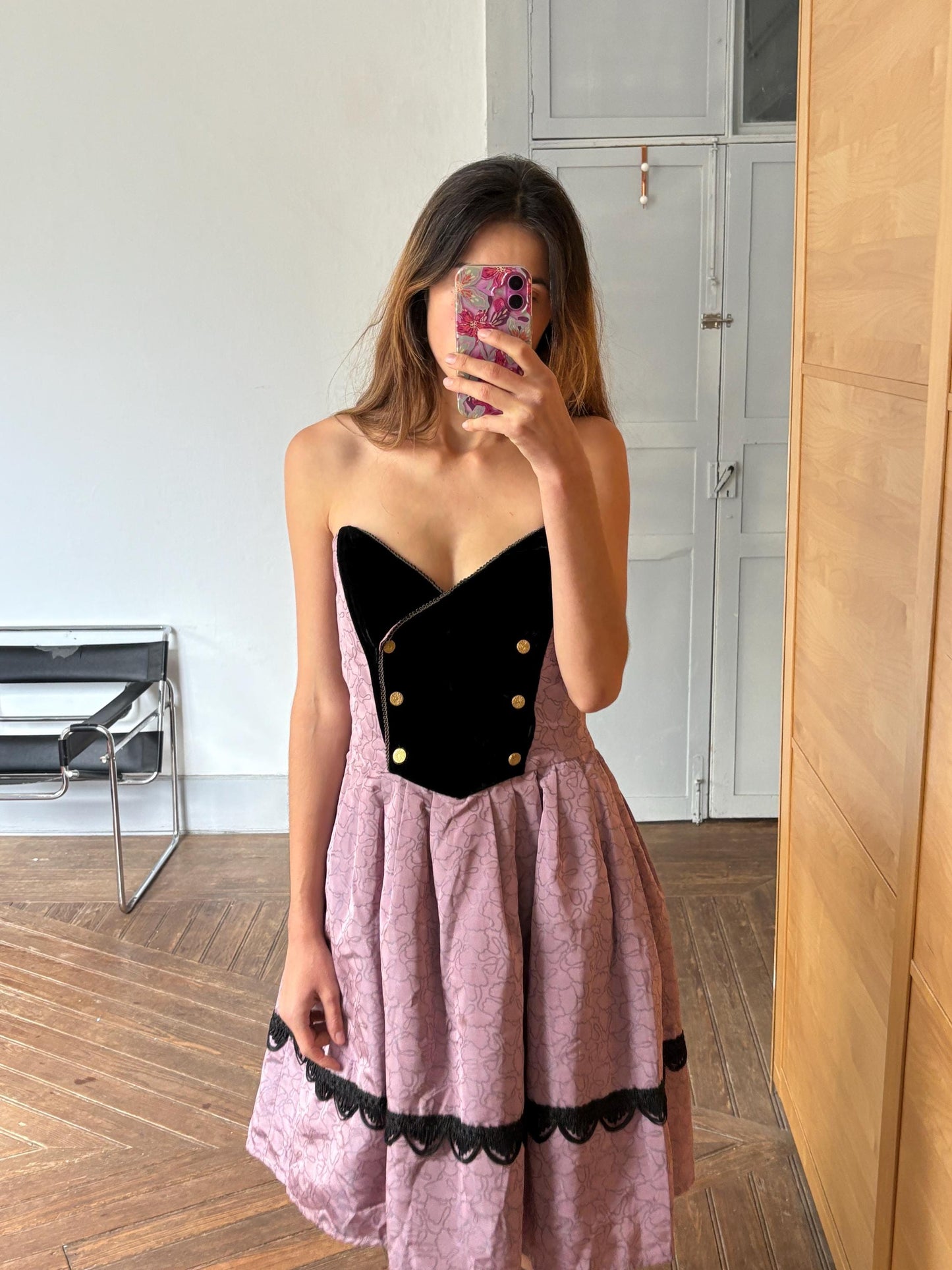 Vintage Spanish designer unique Paco Guzman Strapless Velvet & Satin Dress – Gothic Rococo Inspired outfit, Purple and black velvet costume