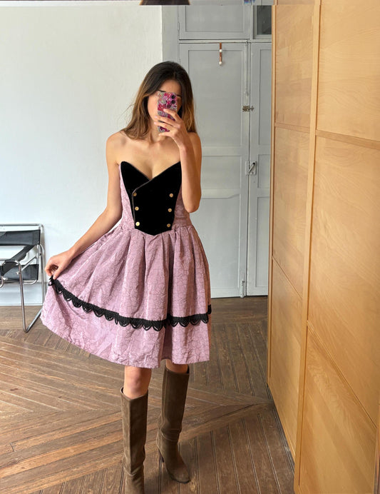 Vintage Spanish designer unique Paco Guzman Strapless Velvet & Satin Dress – Gothic Rococo Inspired outfit, Purple and black velvet costume