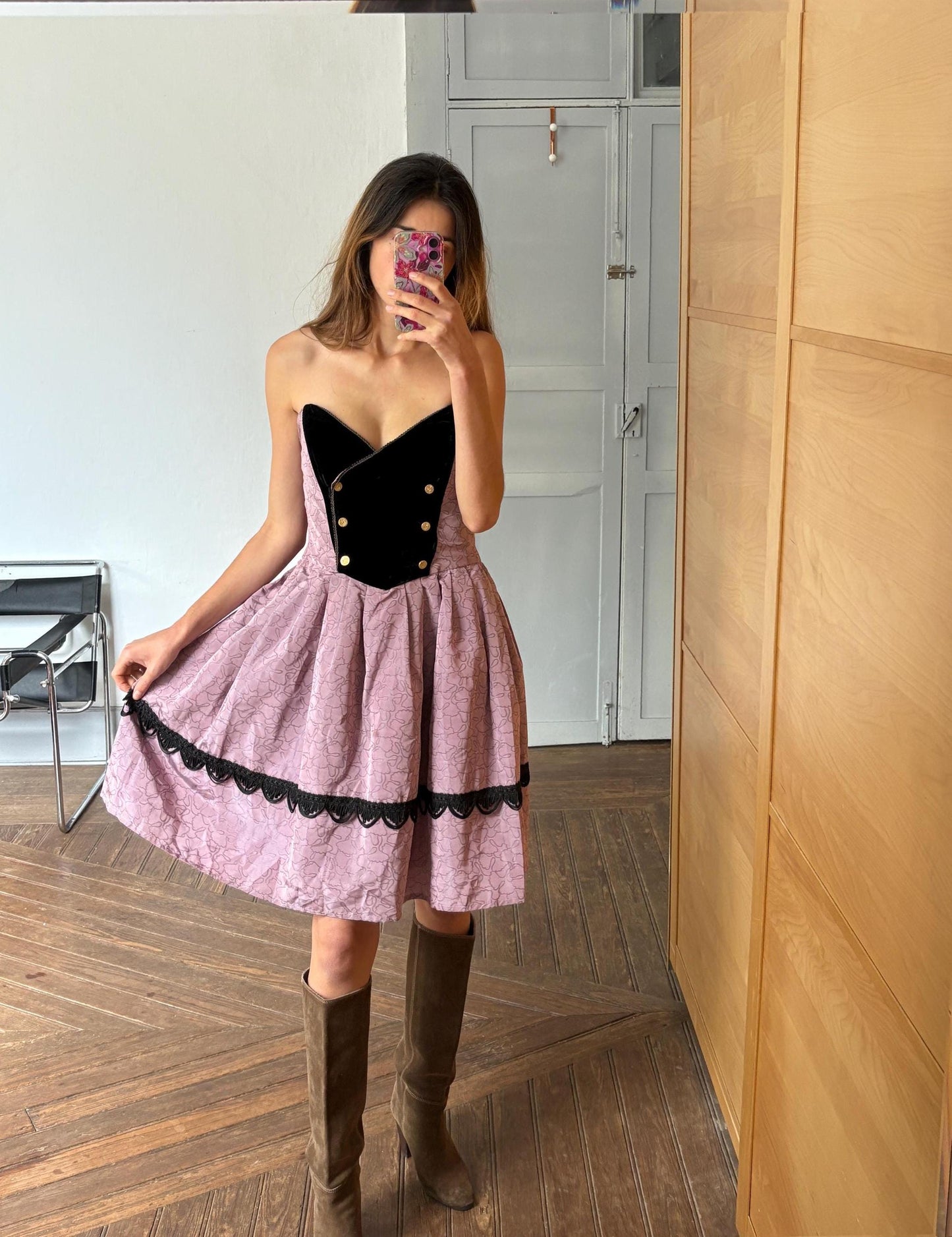 Vintage Spanish designer unique Paco Guzman Strapless Velvet & Satin Dress – Gothic Rococo Inspired outfit, Purple and black velvet costume