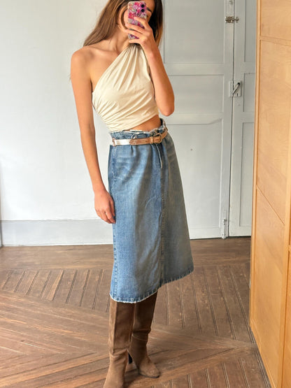 Vintage High-Waist Denim Midi Skirt — fabric close-up