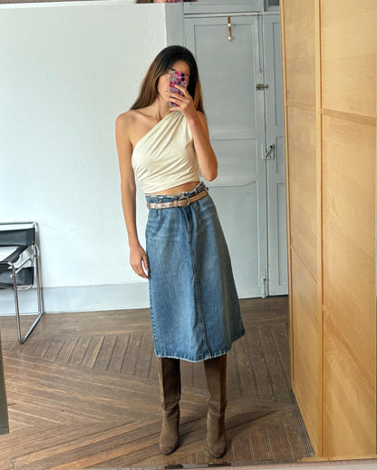 Vintage High-Waist Denim Midi Skirt — detail