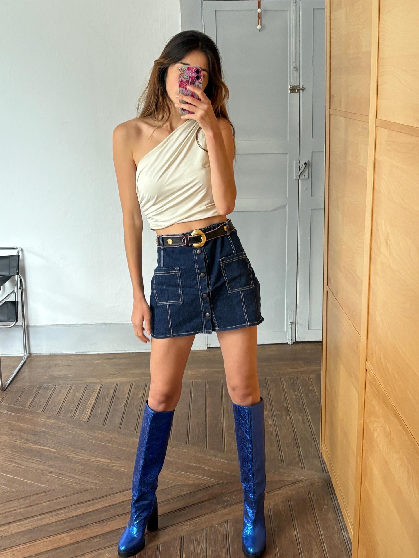 Vintage 90s Y2K Dark Blue Denim Mini Skirt – Front Pockets – High Waist – Indie Sleaze Streetwear, Size M - L