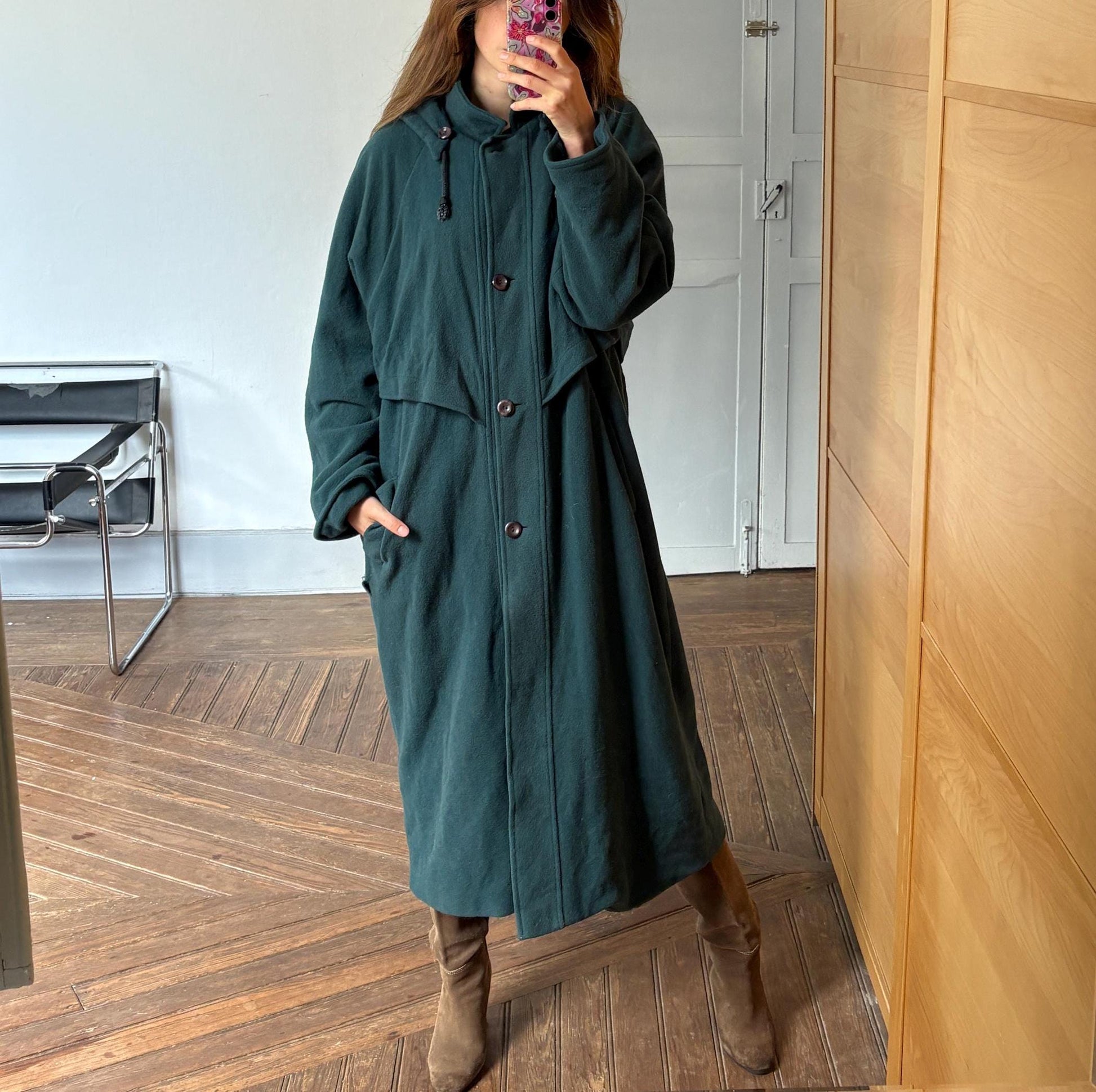 Vintage Dark Green Wool Long Coat – Hooded & Oversized Winter Coat, 90s Dark Academia Aesthetic, UK Made