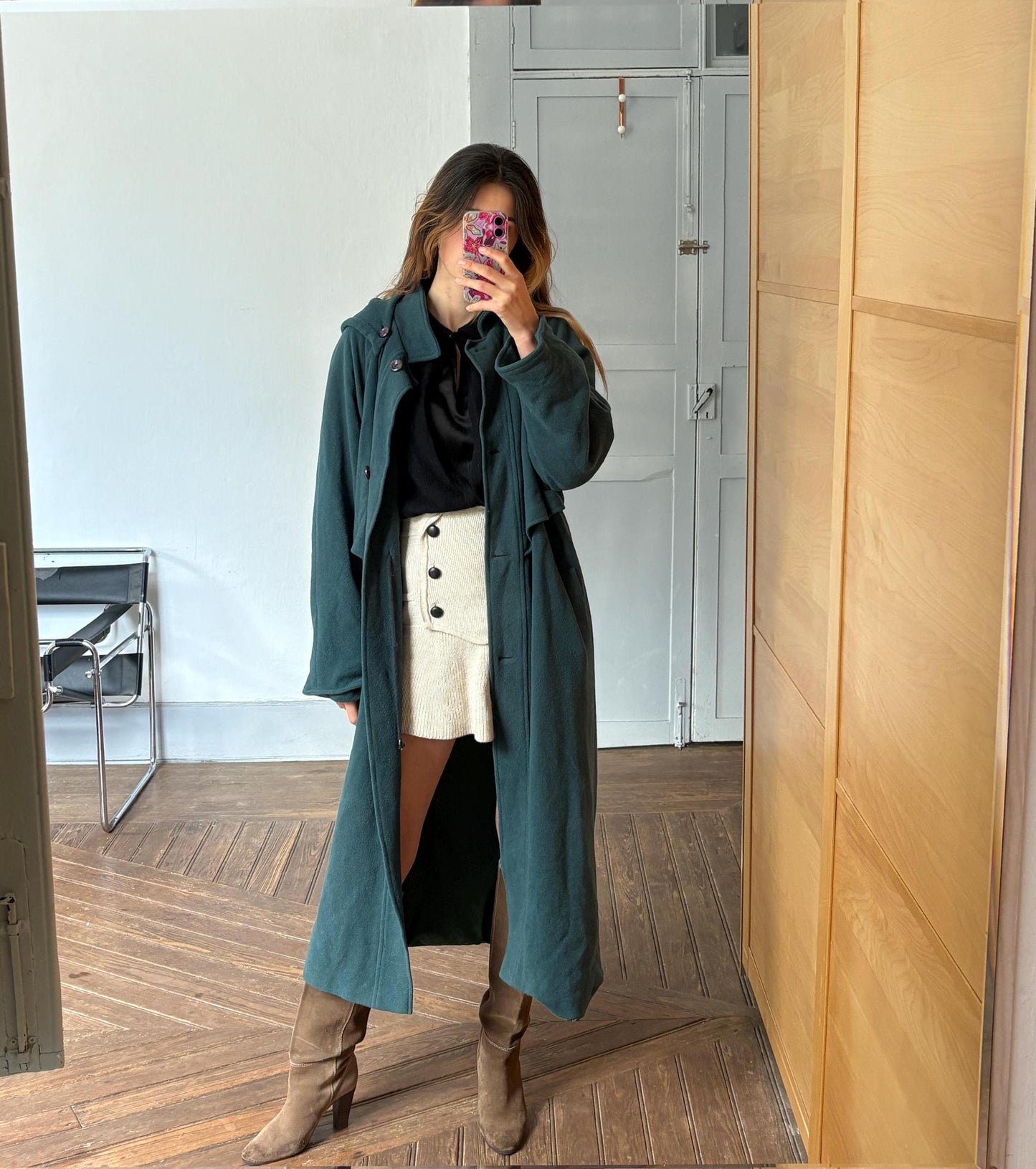 Vintage Dark Green Wool Long Coat – Hooded & Oversized Winter Coat, 90s Dark Academia Aesthetic, UK Made