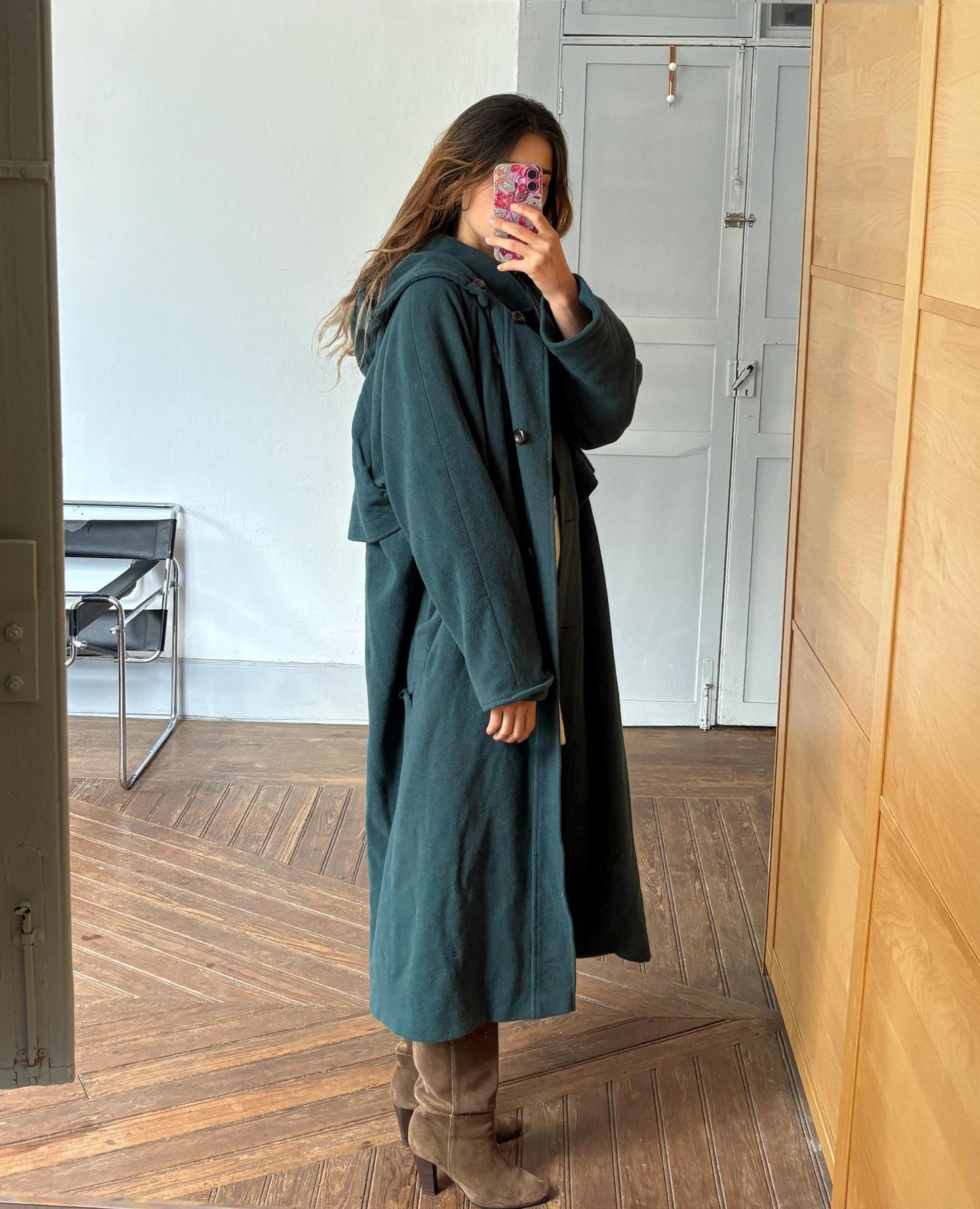 Vintage Dark Green Wool Long Coat – Hooded & Oversized Winter Coat, 90s Dark Academia Aesthetic, UK Made