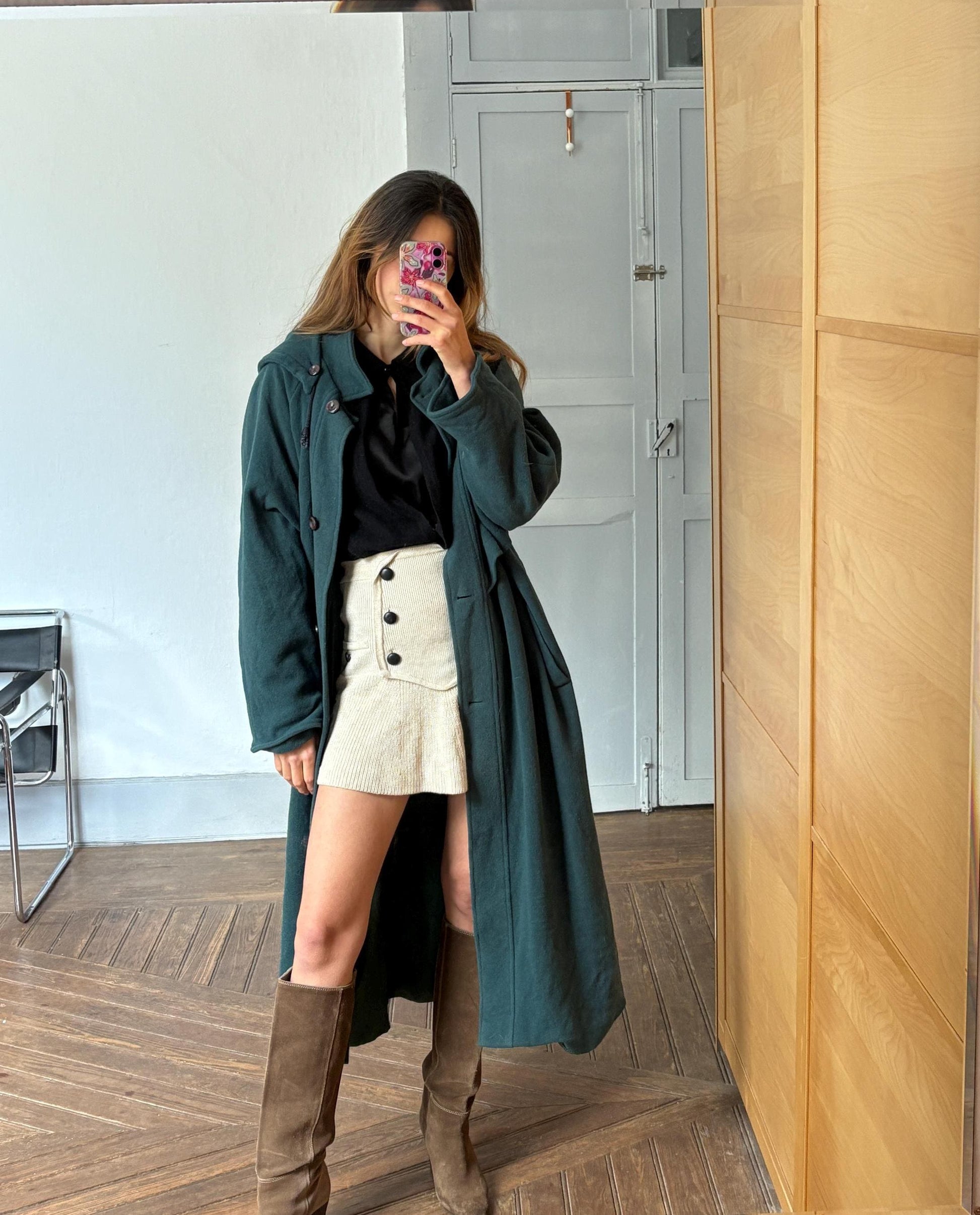 Vintage Dark Green Wool Long Coat – Hooded & Oversized Winter Coat, 90s Dark Academia Aesthetic, UK Made