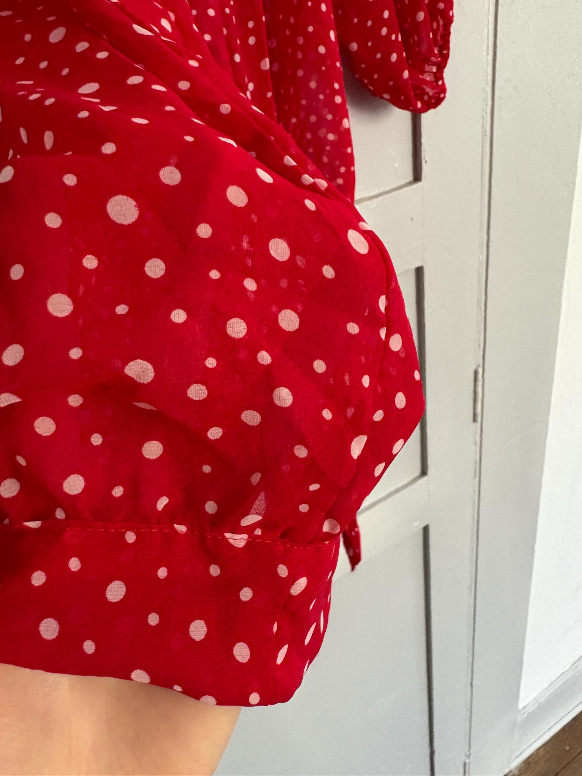 Vintage unique red frill blouse, Retro 60s woman top, groovy bow tie shirt, Deadstock original vintage, Size M