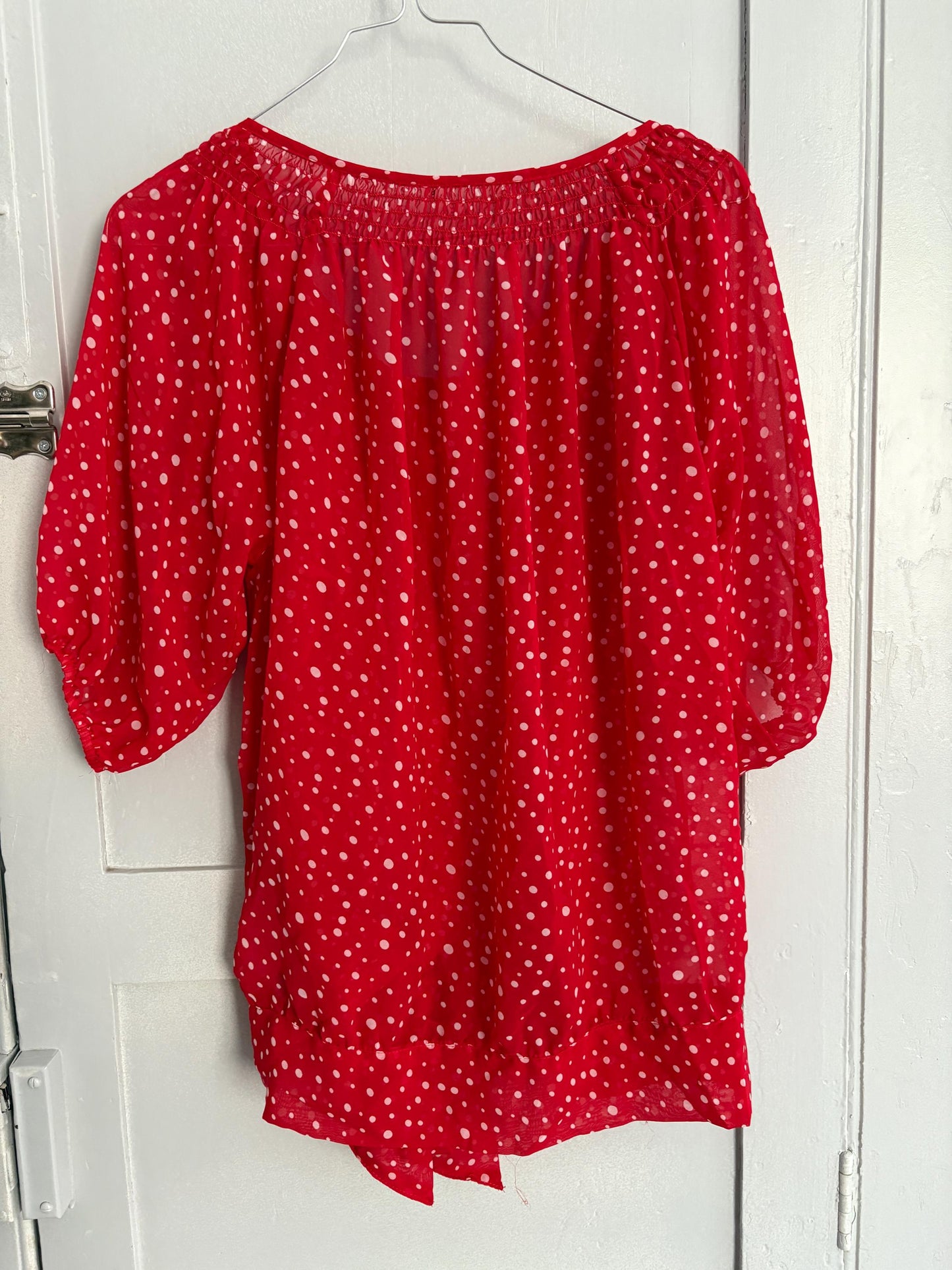 Vintage unique red frill blouse, Retro 60s woman top, groovy bow tie shirt, Deadstock original vintage, Size M