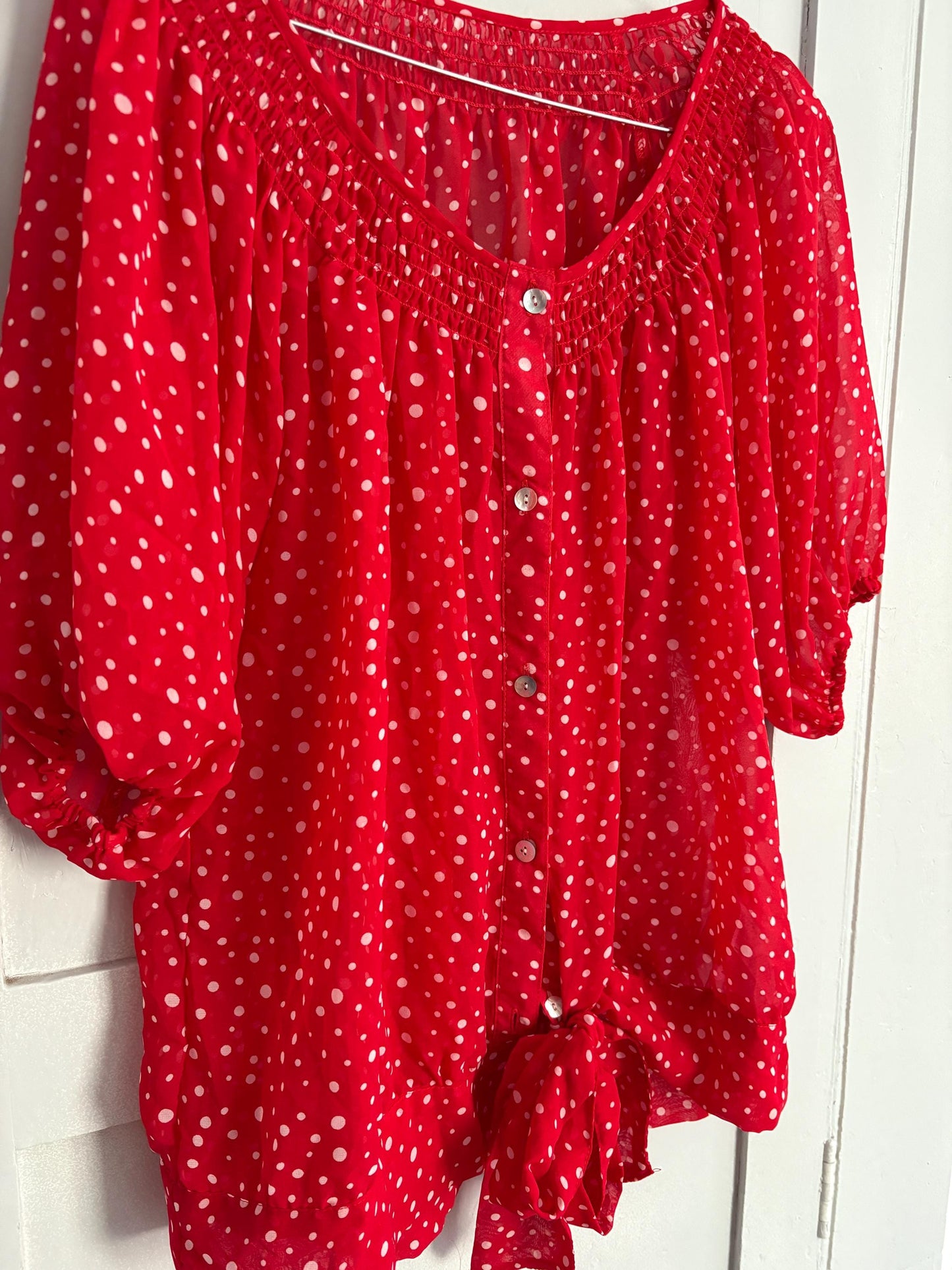 Vintage unique red frill blouse, Retro 60s woman top, groovy bow tie shirt, Deadstock original vintage, Size M