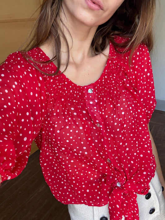 Vintage unique red frill blouse, Retro 60s woman top, groovy bow tie shirt, Deadstock original vintage, Size M