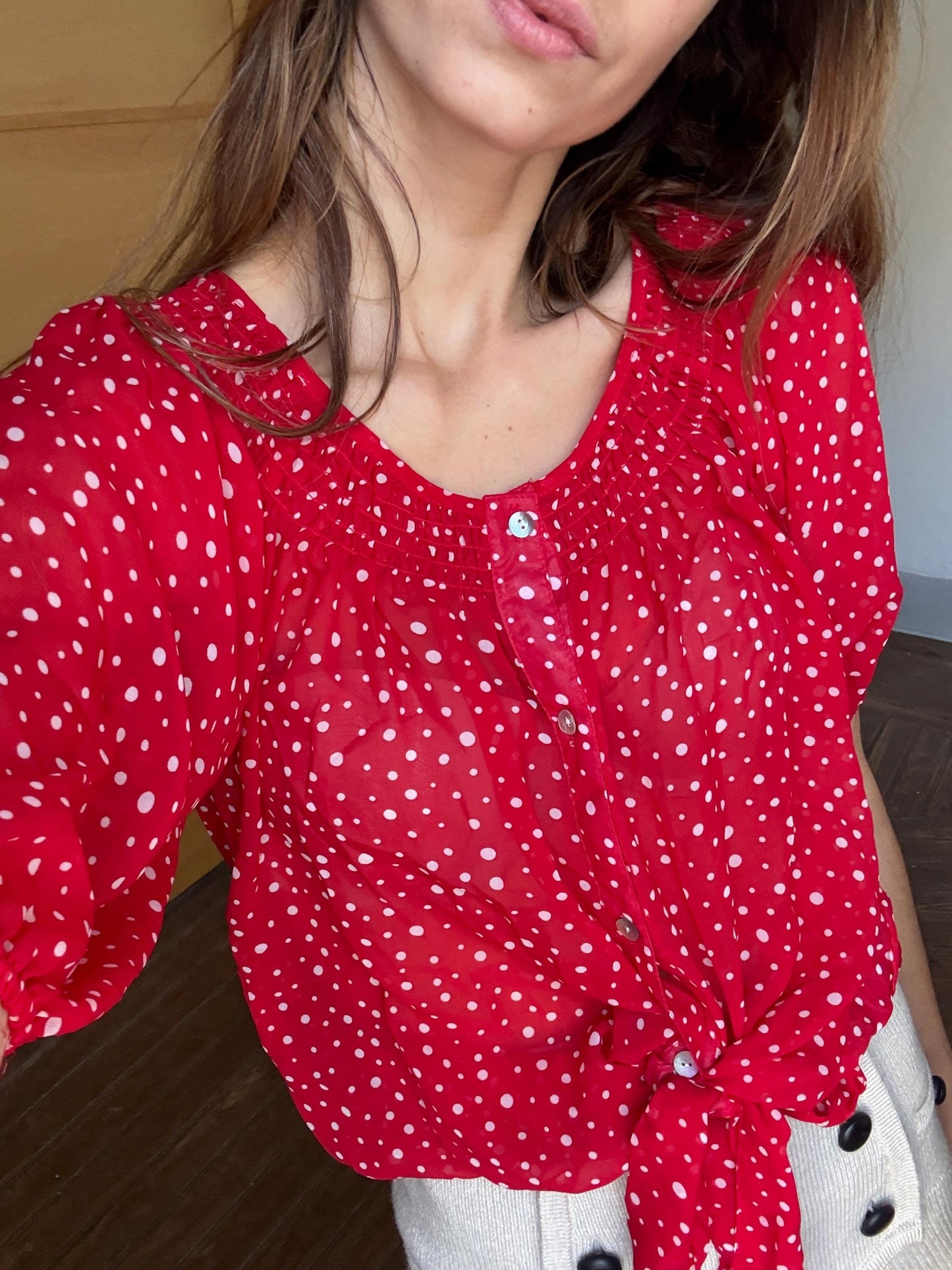 Vintage unique red frill blouse, Retro 60s woman top, groovy bow tie shirt, Deadstock original vintage, Size M