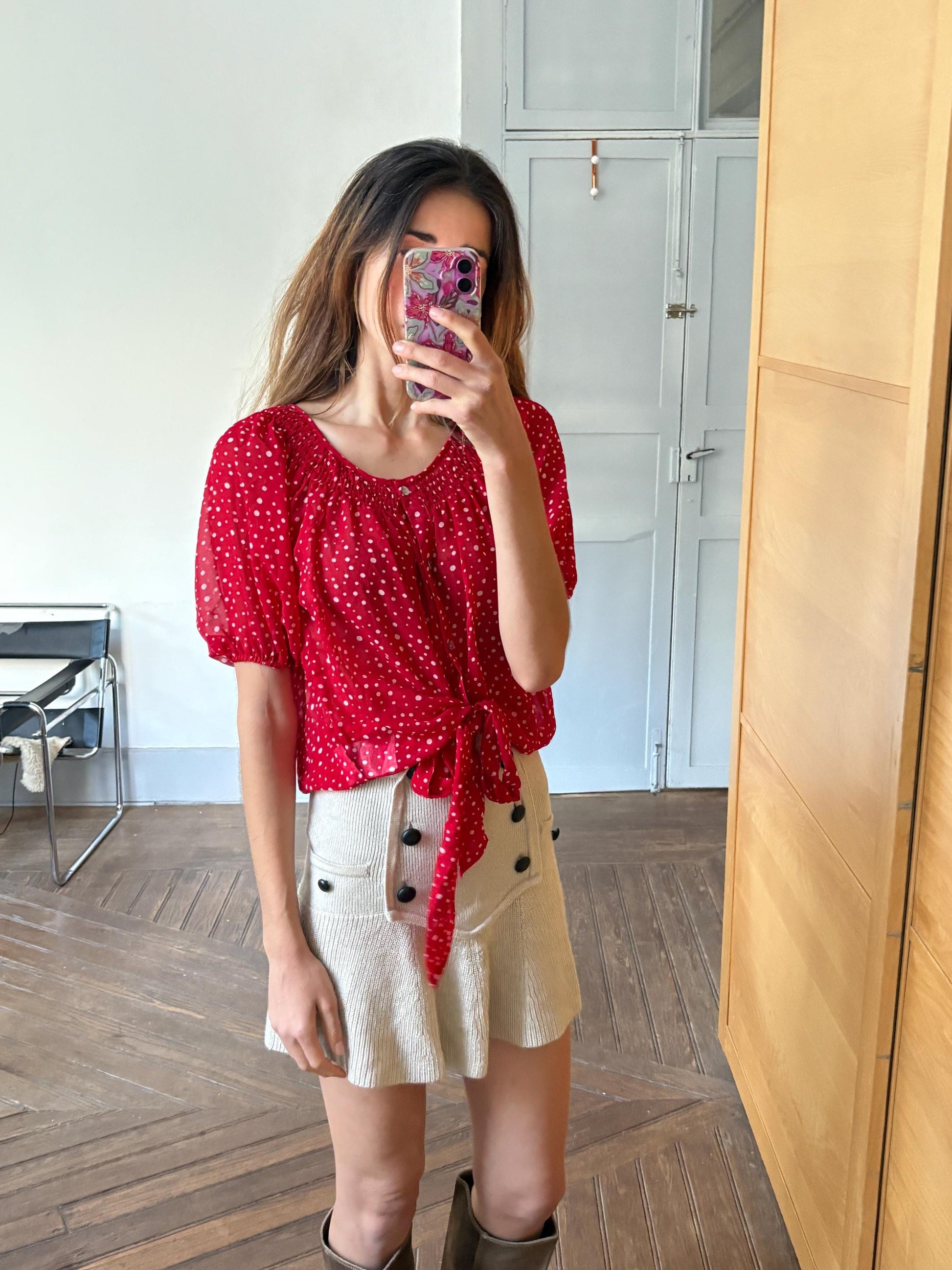 Vintage unique red frill blouse, Retro 60s woman top, groovy bow tie shirt, Deadstock original vintage, Size M