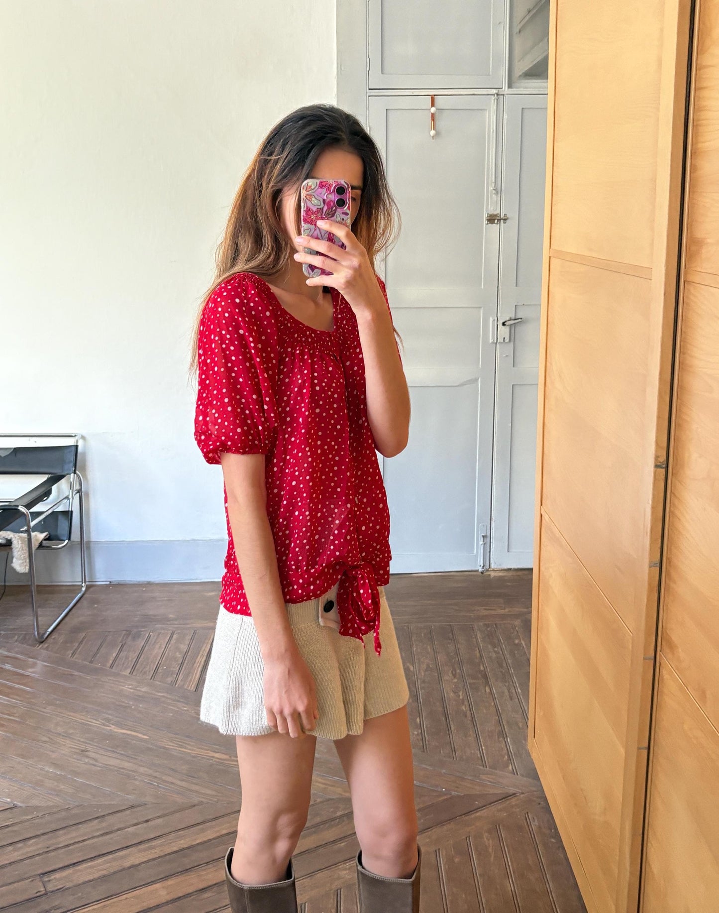 Vintage unique red frill blouse, Retro 60s woman top, groovy bow tie shirt, Deadstock original vintage, Size M