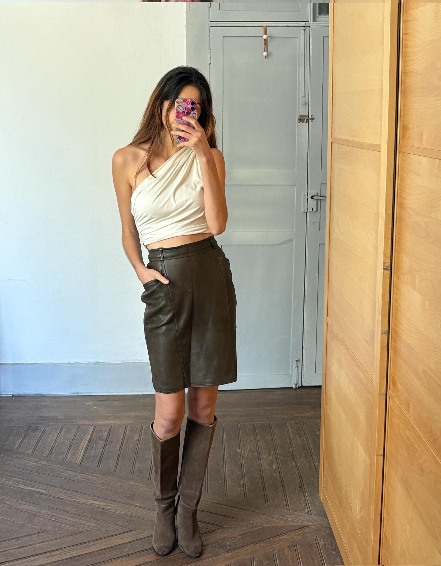 Luxury vintage genuine goat leather brown hig rise skirt, High waist tight pencil skirt, 90s sexy dominatrix clothing, Size S , Size L