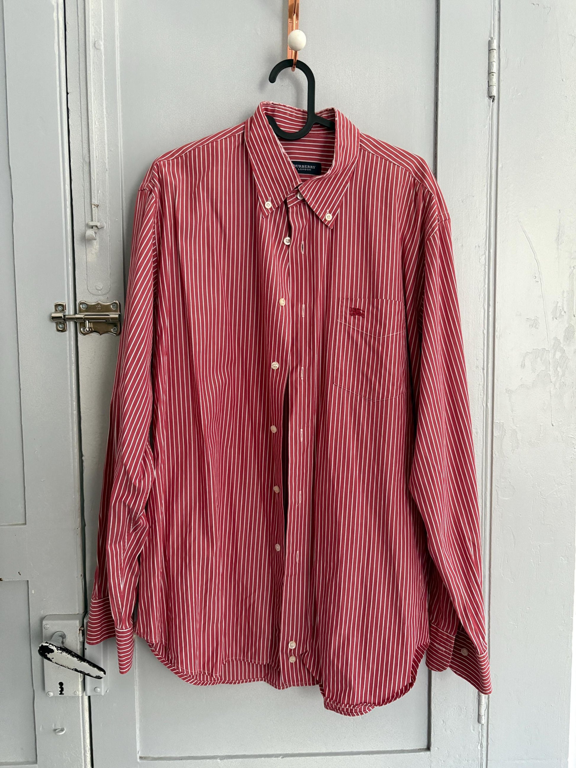Vintage red and white striped Burberry London oxford shirt, Cotton crisp oversized button down shirt, Scandinavian style Summer Shirt, L