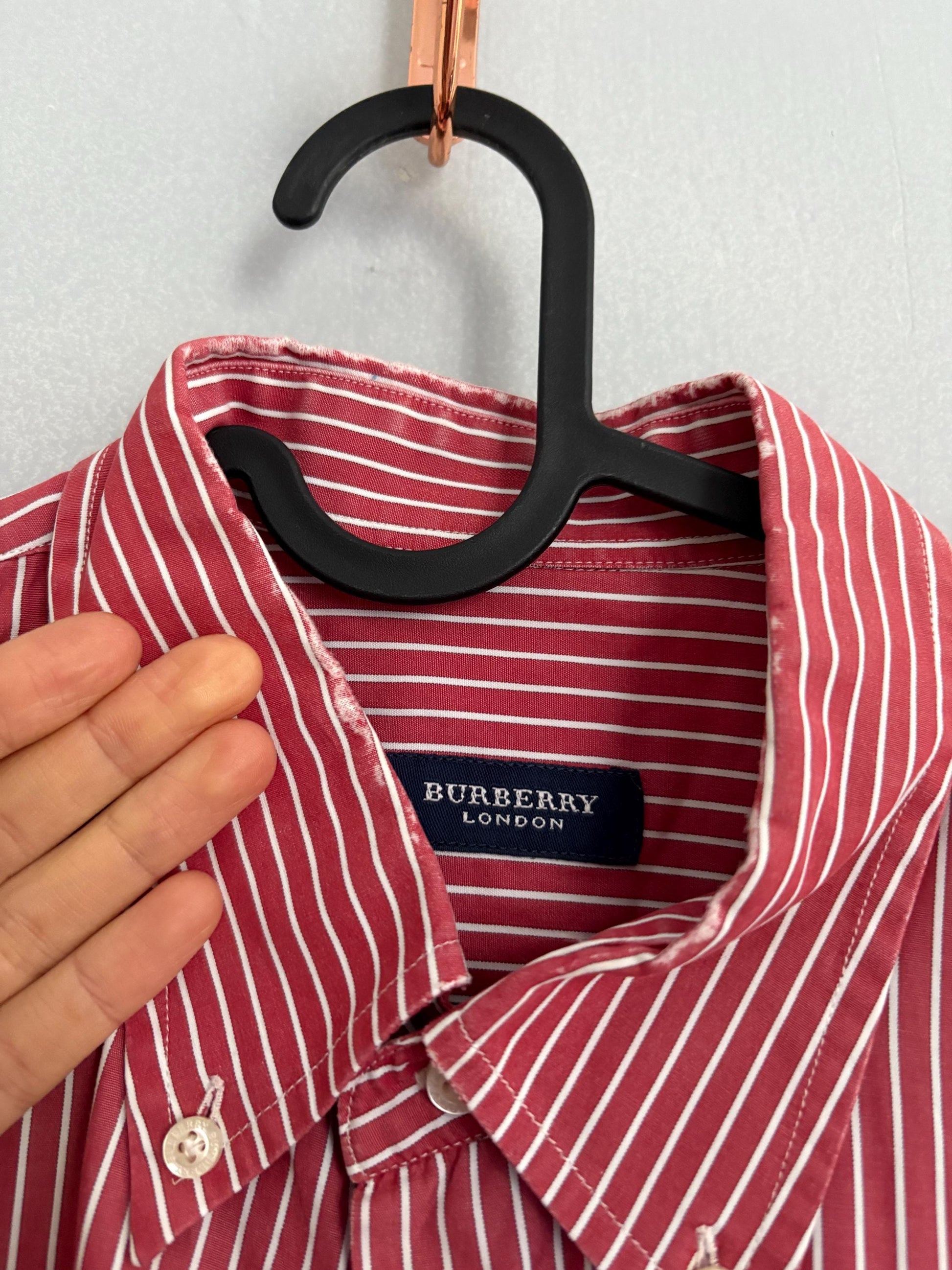 Vintage red and white striped Burberry London oxford shirt, Cotton crisp oversized button down shirt, Scandinavian style Summer Shirt, L