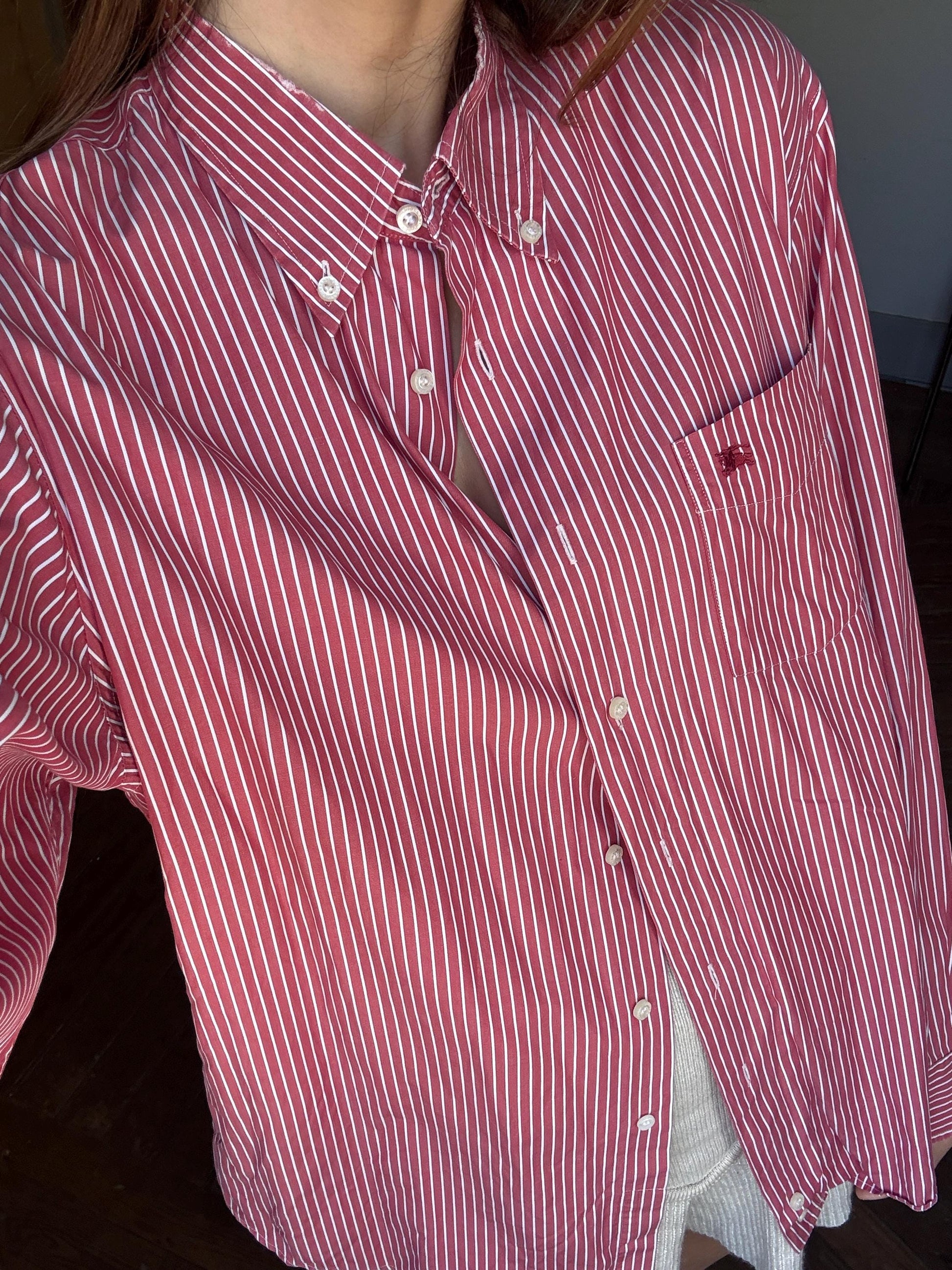 Vintage red and white striped Burberry London oxford shirt, Cotton crisp oversized button down shirt, Scandinavian style Summer Shirt, L