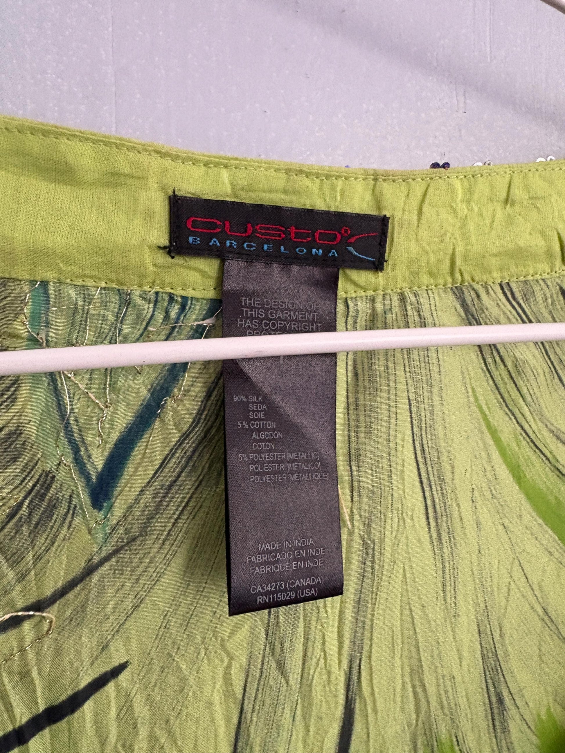 Vintage Luxury SILK Custo Barcelona beach Dress, Long sleeve vibrant green retro mini dress with gold thread and beaded embellishments