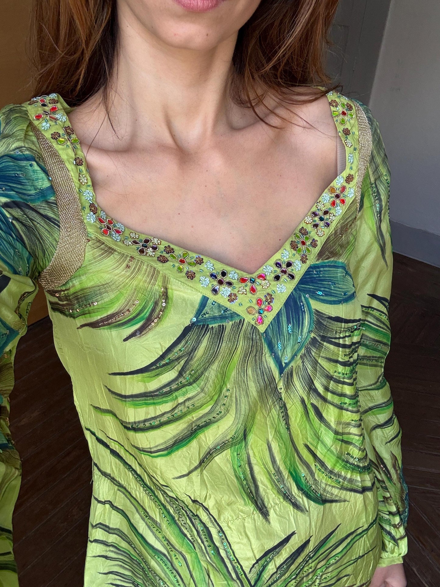 Vintage Luxury SILK Custo Barcelona beach Dress, Long sleeve vibrant green retro mini dress with gold thread and beaded embellishments