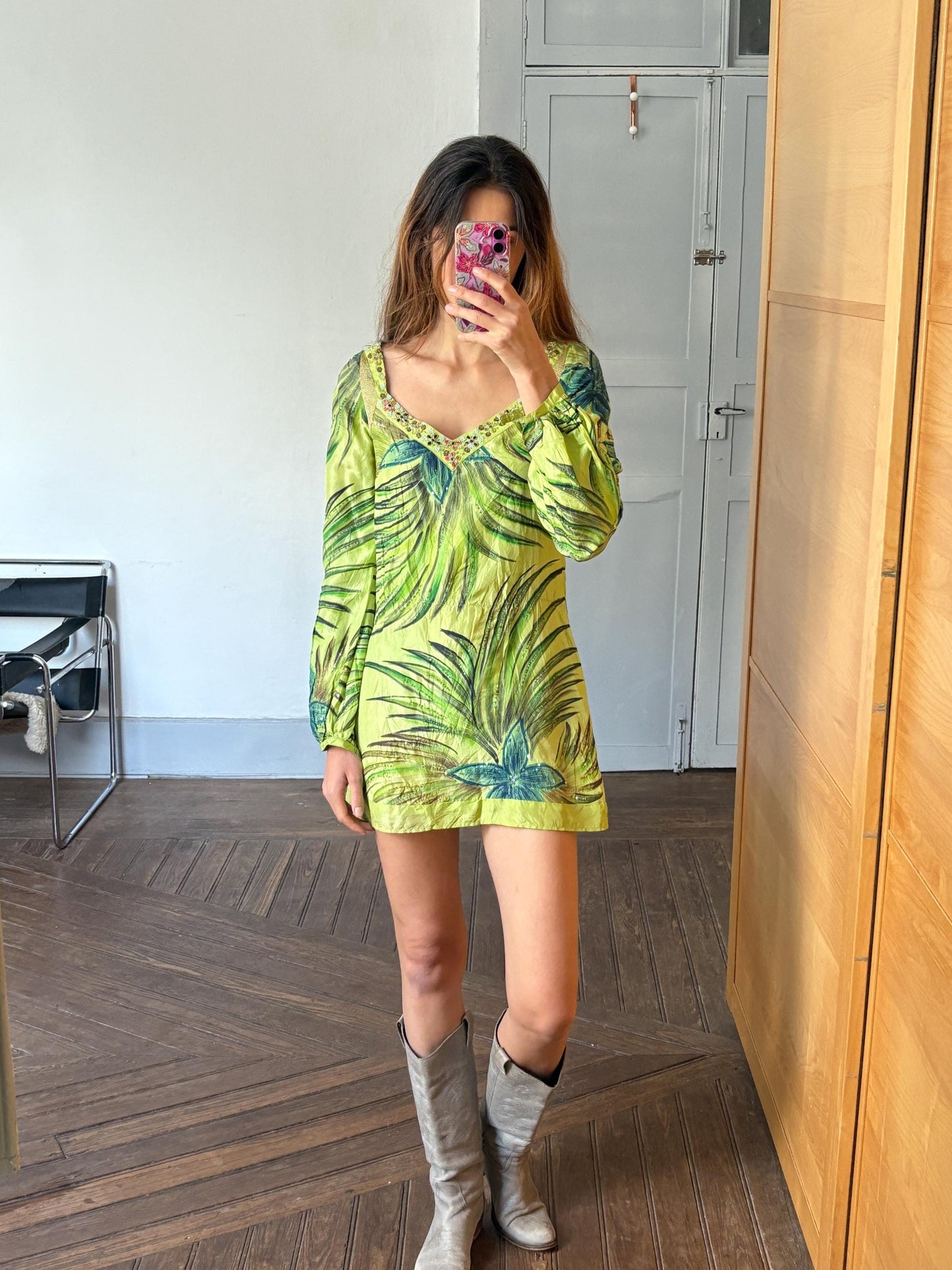 Vintage Luxury SILK Custo Barcelona beach Dress, Long sleeve vibrant green retro mini dress with gold thread and beaded embellishments