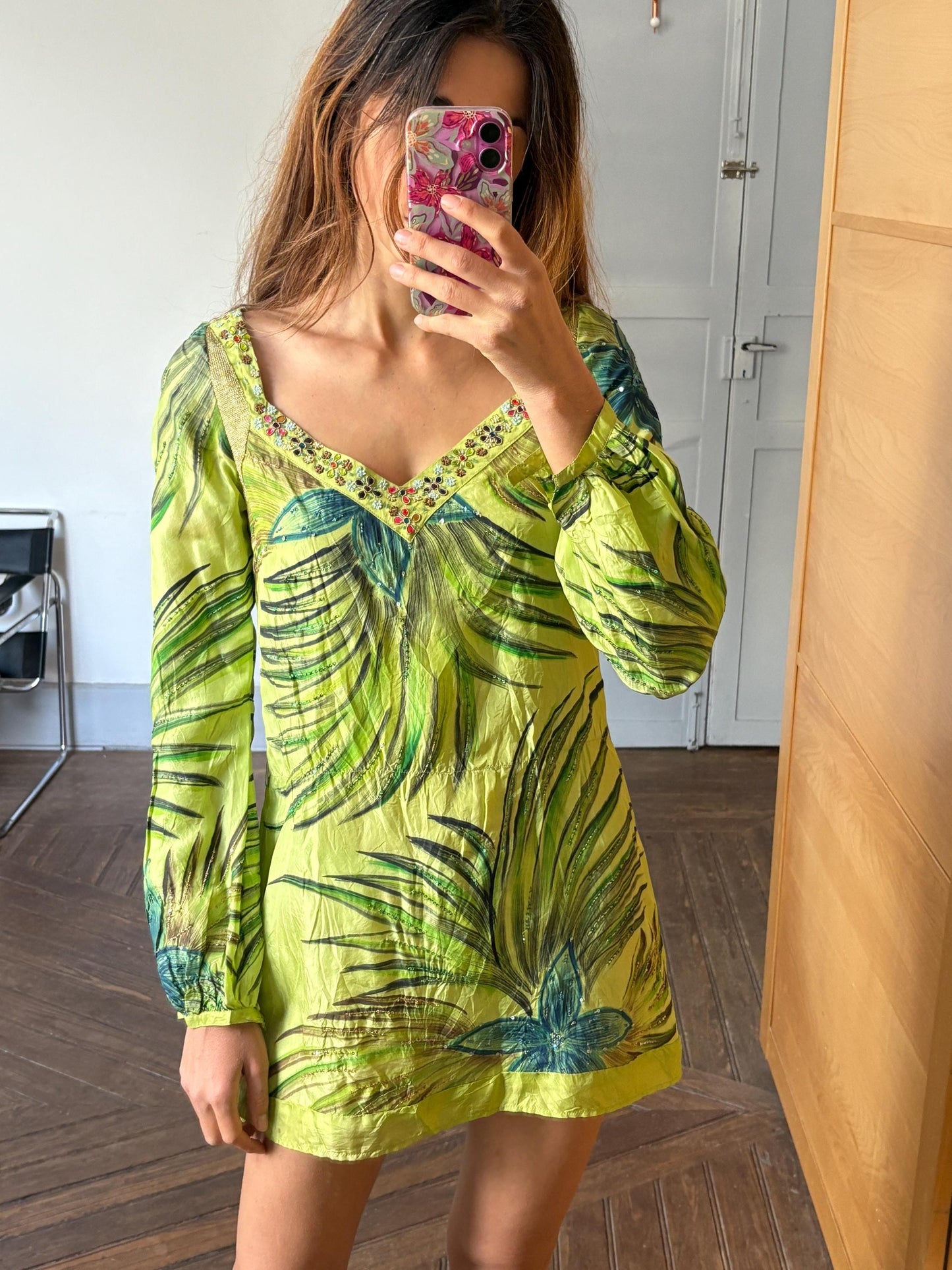 Vintage Luxury SILK Custo Barcelona beach Dress, Long sleeve vibrant green retro mini dress with gold thread and beaded embellishments