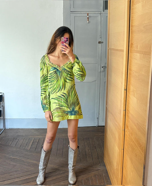 Vintage Luxury SILK Custo Barcelona beach Dress, Long sleeve vibrant green retro mini dress with gold thread and beaded embellishments