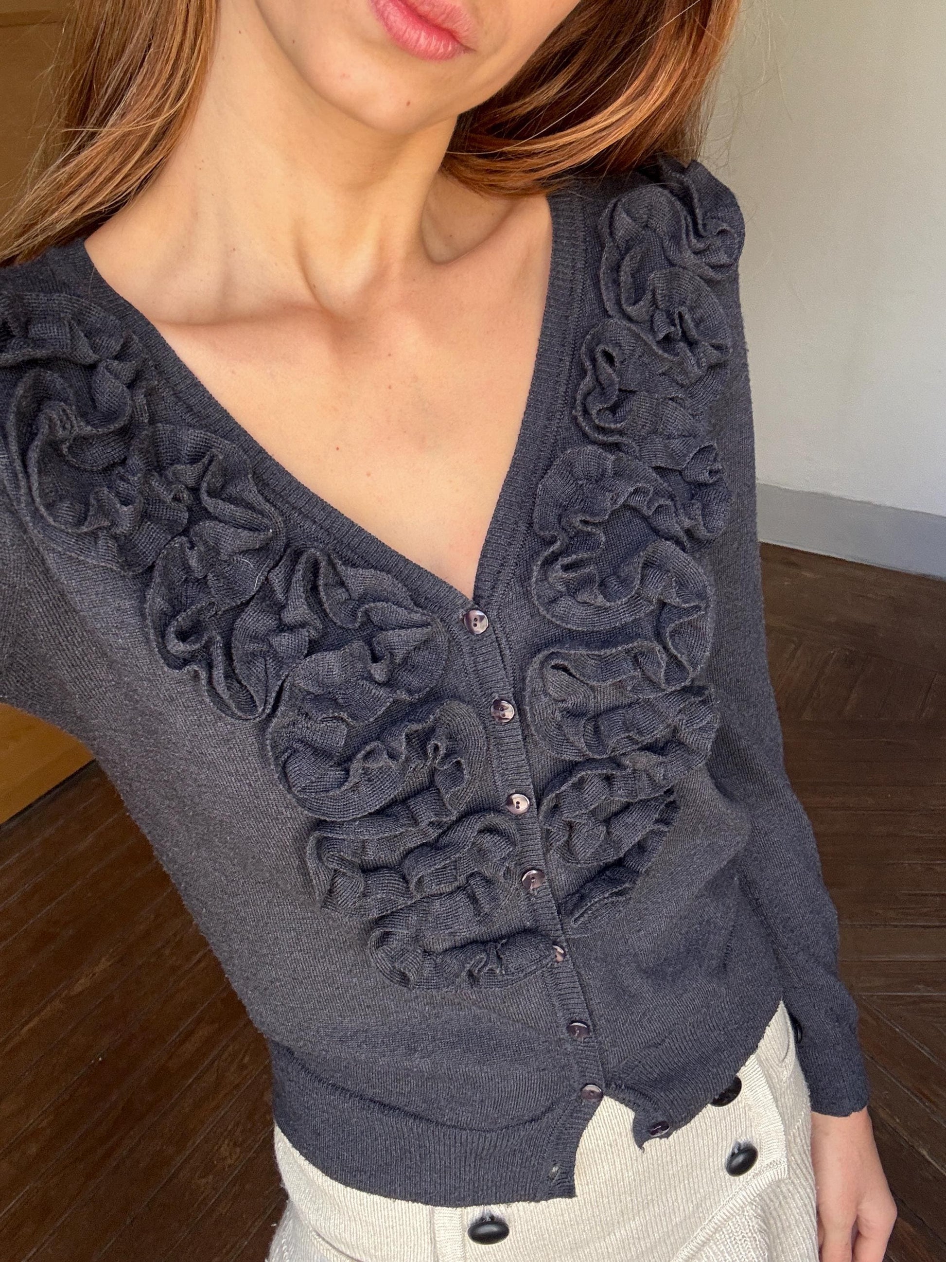 Merino wool and cashmere vintage cardigan - Long sleeved super soft vest, Ruffled Designer winter Jumper, anthracite grey winter wear, S