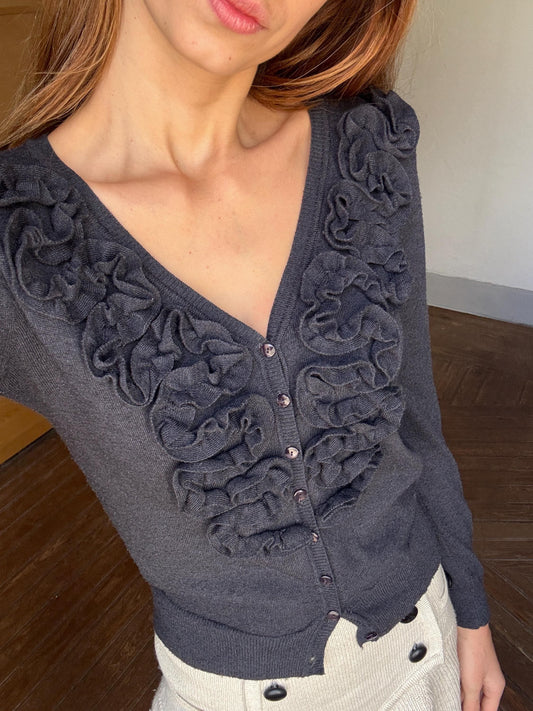 Merino wool and cashmere vintage cardigan - Long sleeved super soft vest, Ruffled Designer winter Jumper, anthracite grey winter wear, S