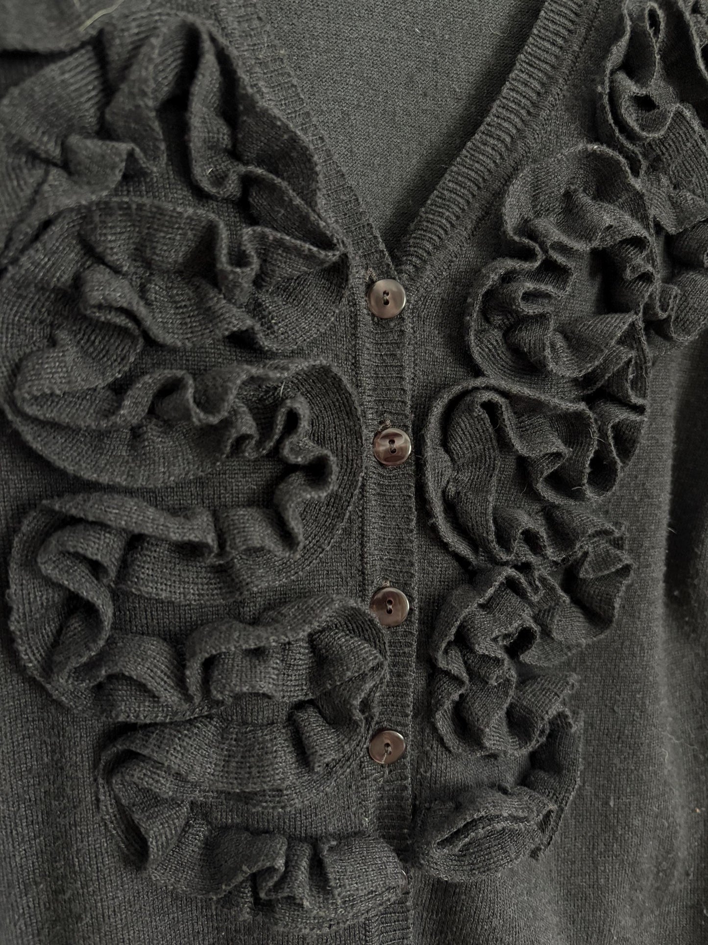 Merino wool and cashmere vintage cardigan - Long sleeved super soft vest, Ruffled Designer winter Jumper, anthracite grey winter wear, S