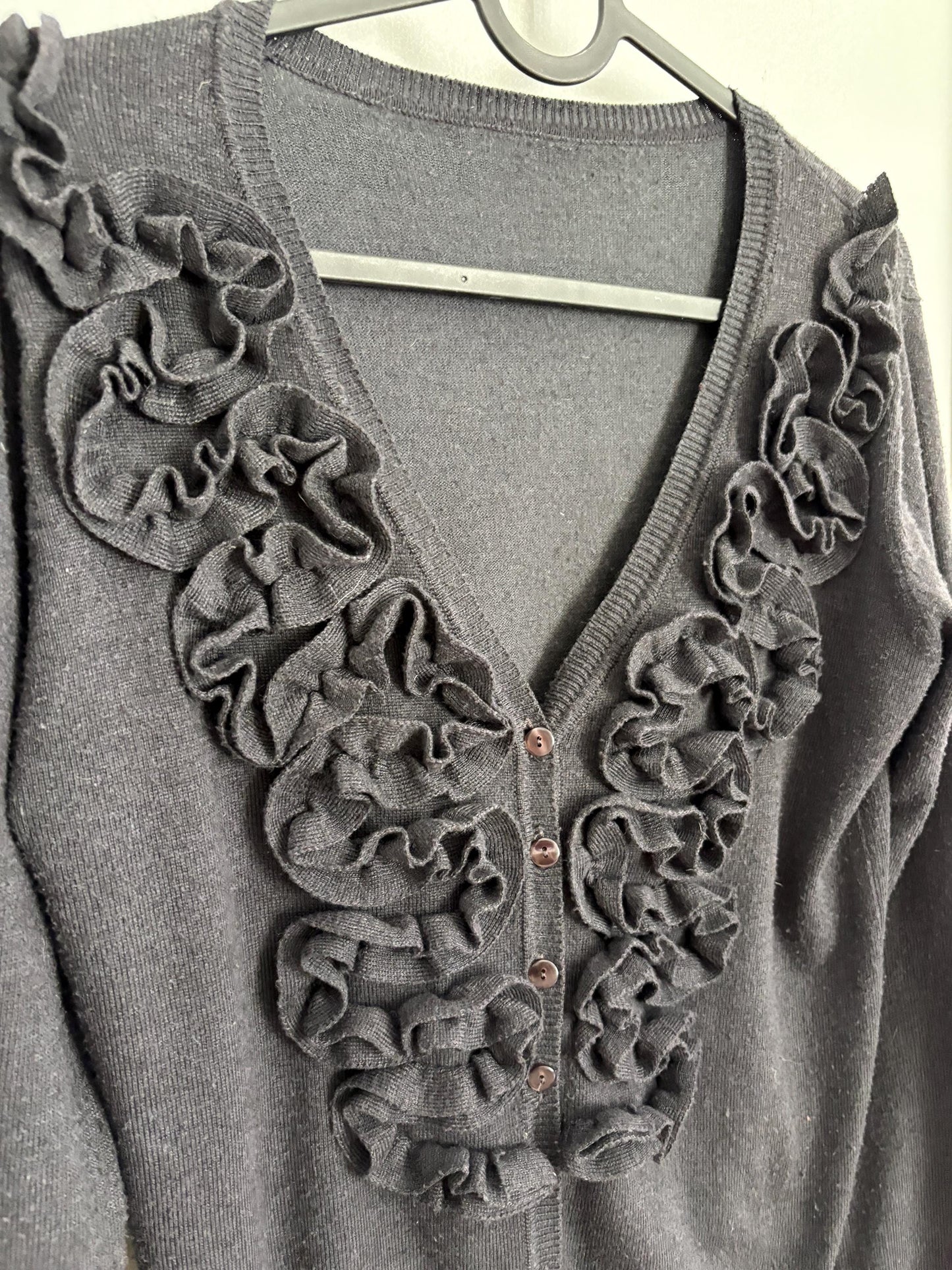 Merino wool cashmere cardigan with ruffle detail | Elegant vintage knit top | Size S | Soft warm luxury layering staple