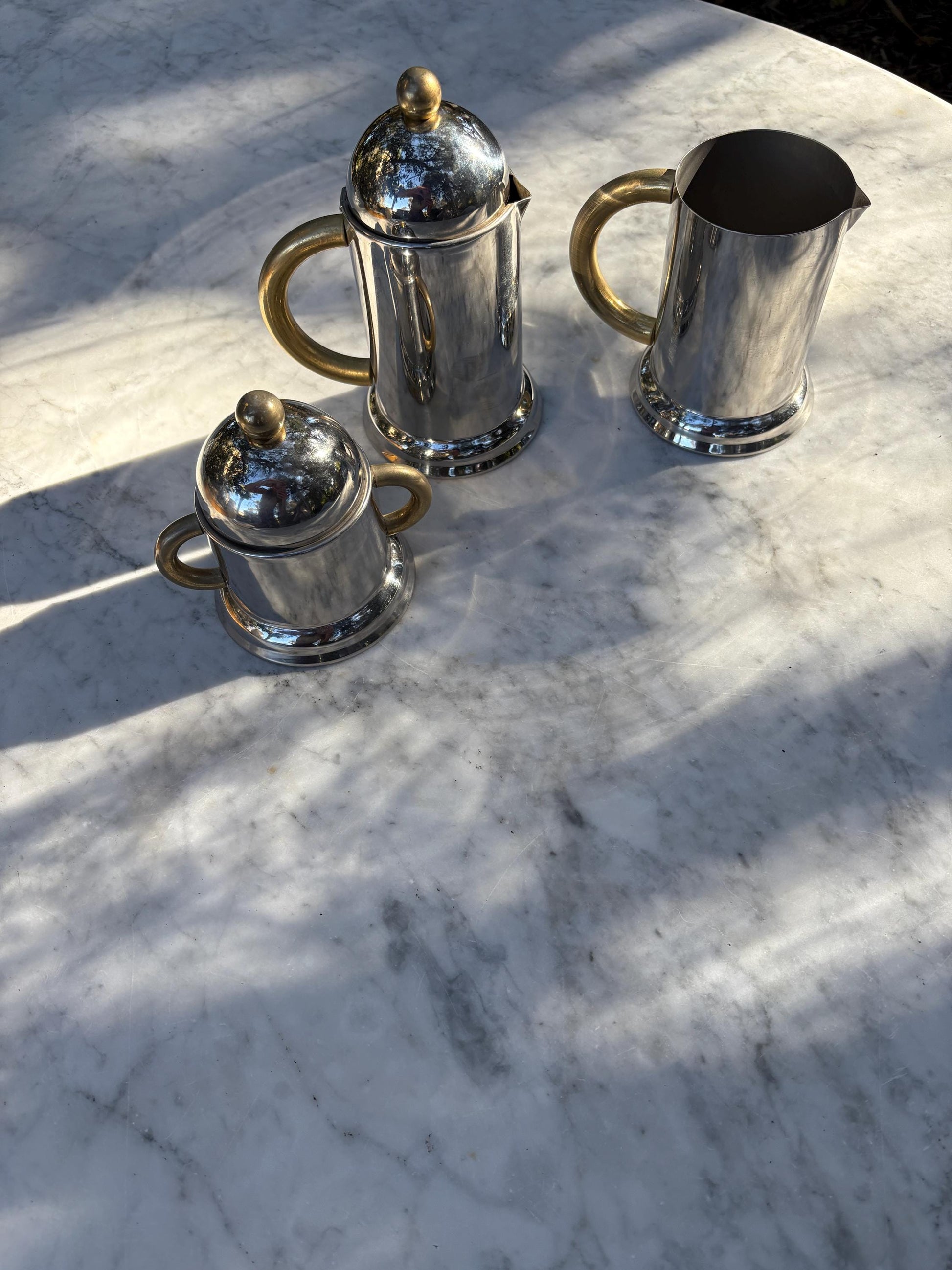 Vintage breakfast set of Italian 80's Inoxpran coffee pot, sugar bowl and milk jug, 6-cup espresso coffee maker, hot water kettle