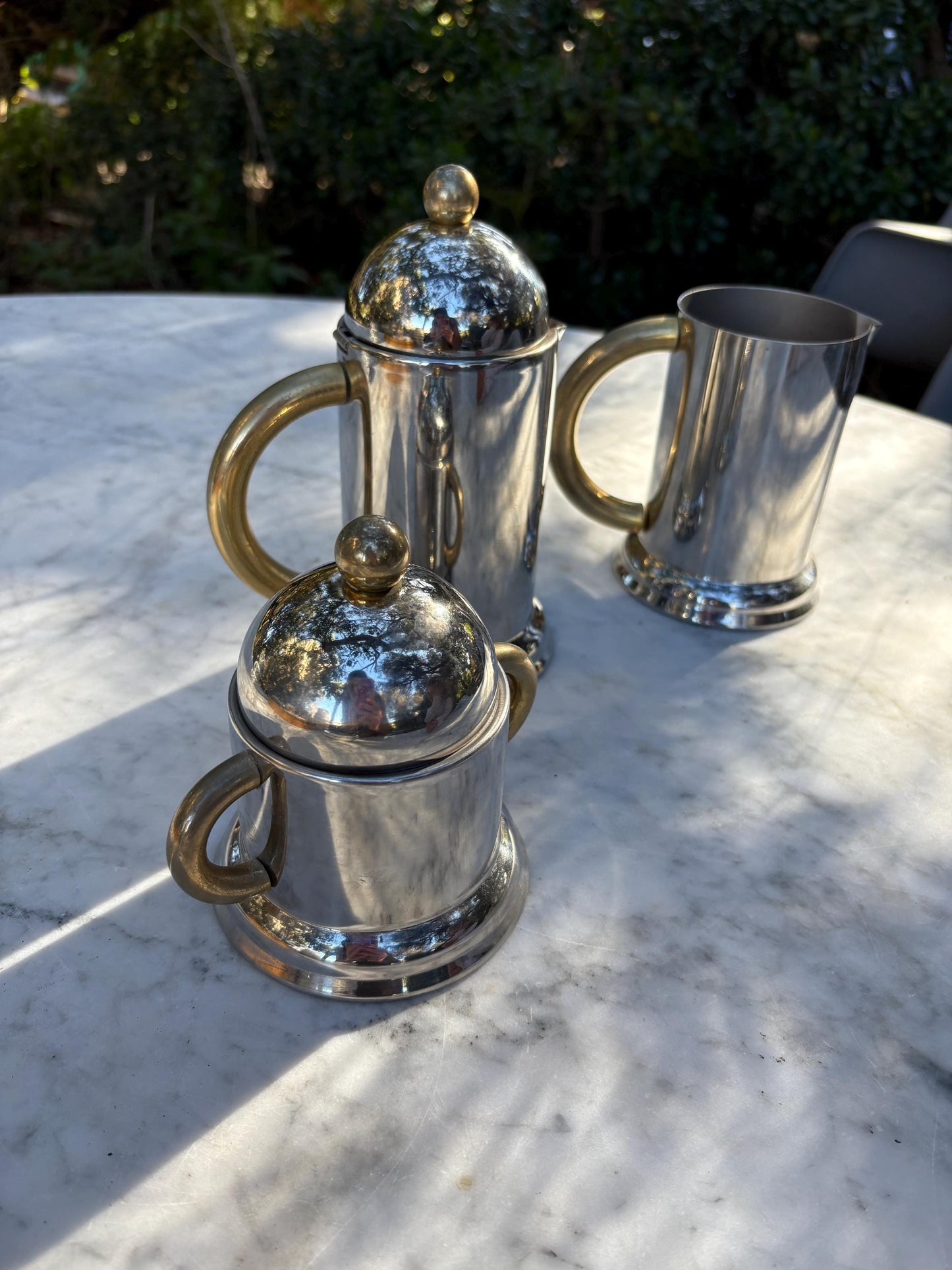 Vintage breakfast set of Italian 80's Inoxpran coffee pot, sugar bowl and milk jug, 6-cup espresso coffee maker, hot water kettle