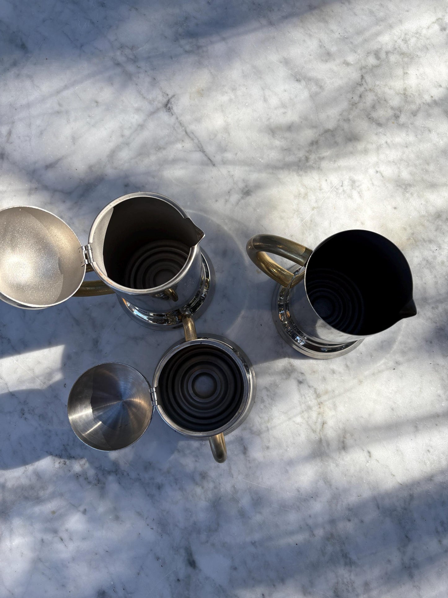 Vintage breakfast set of Italian 80's Inoxpran coffee pot, sugar bowl and milk jug, 6-cup espresso coffee maker, hot water kettle