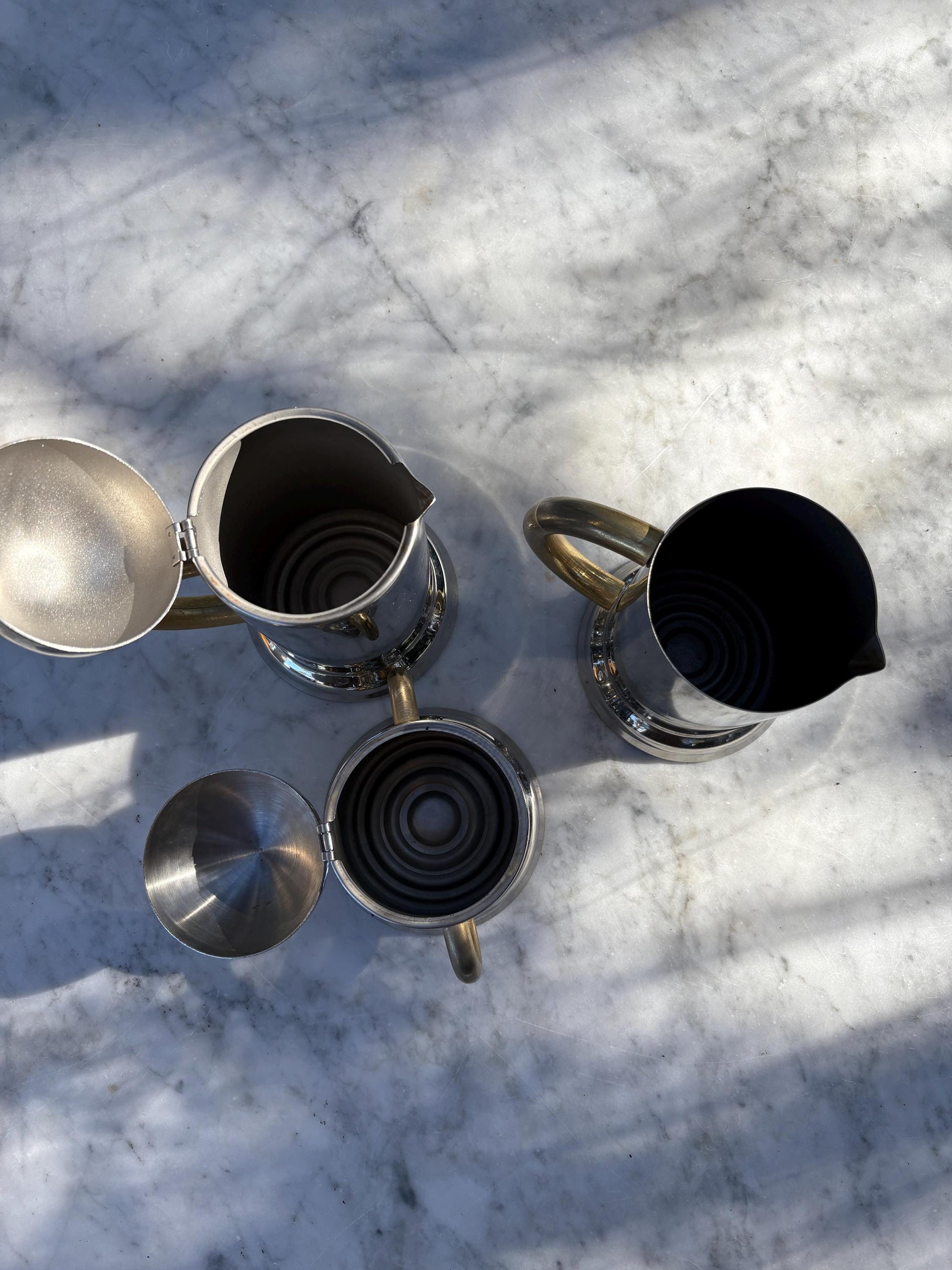 Vintage breakfast set of Italian 80's Inoxpran coffee pot, sugar bowl and milk jug, 6-cup espresso coffee maker, hot water kettle