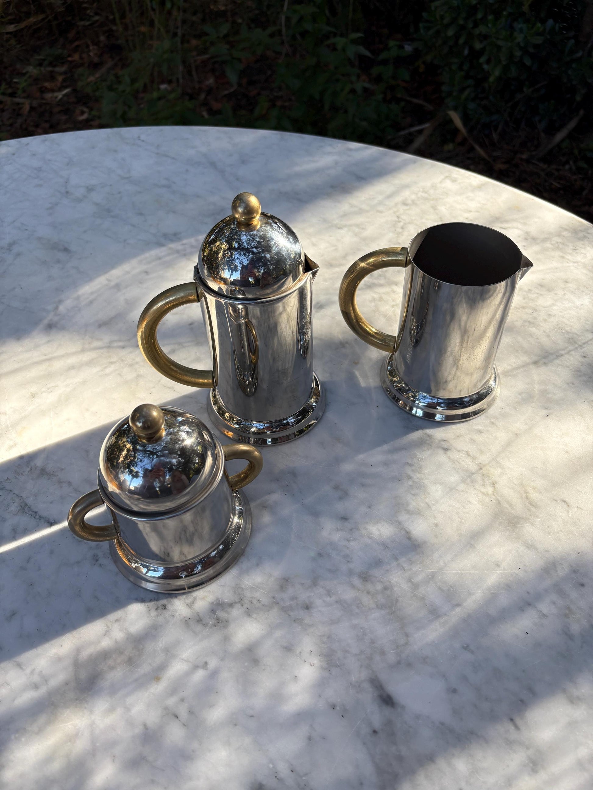 Vintage breakfast set of Italian 80's Inoxpran coffee pot, sugar bowl and milk jug, 6-cup espresso coffee maker, hot water kettle
